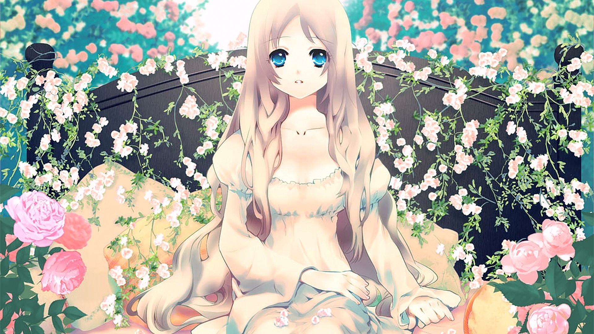 Anime 1920x1080 anime anime girls blue eyes blonde long hair looking at viewer original characters flowers rose plants