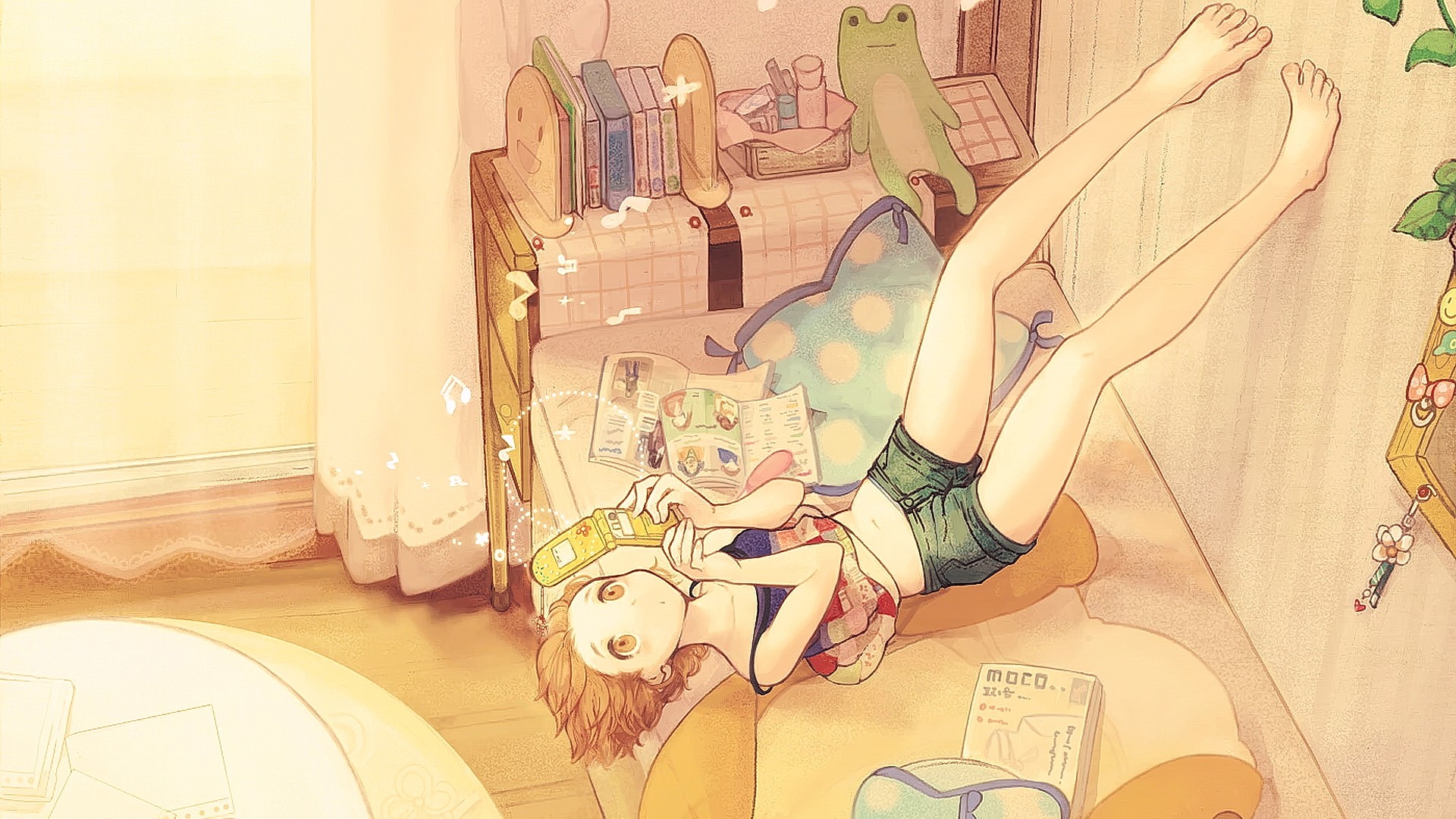 Anime 1920x1080 anime anime girls short hair legs up bed women indoors jean shorts in bed