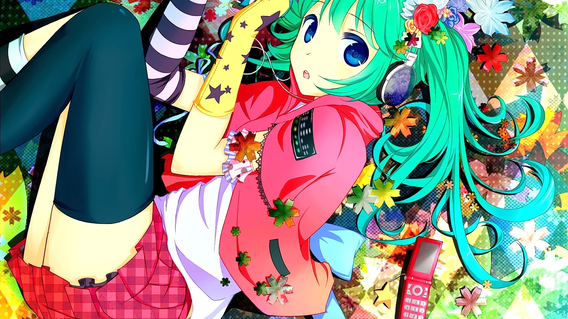 Anime 1920x1080 anime anime girls turquoise hair long hair blue eyes open mouth Vocaloid Hatsune Miku thighs stockings cellphone looking at viewer skirt plaid skirt