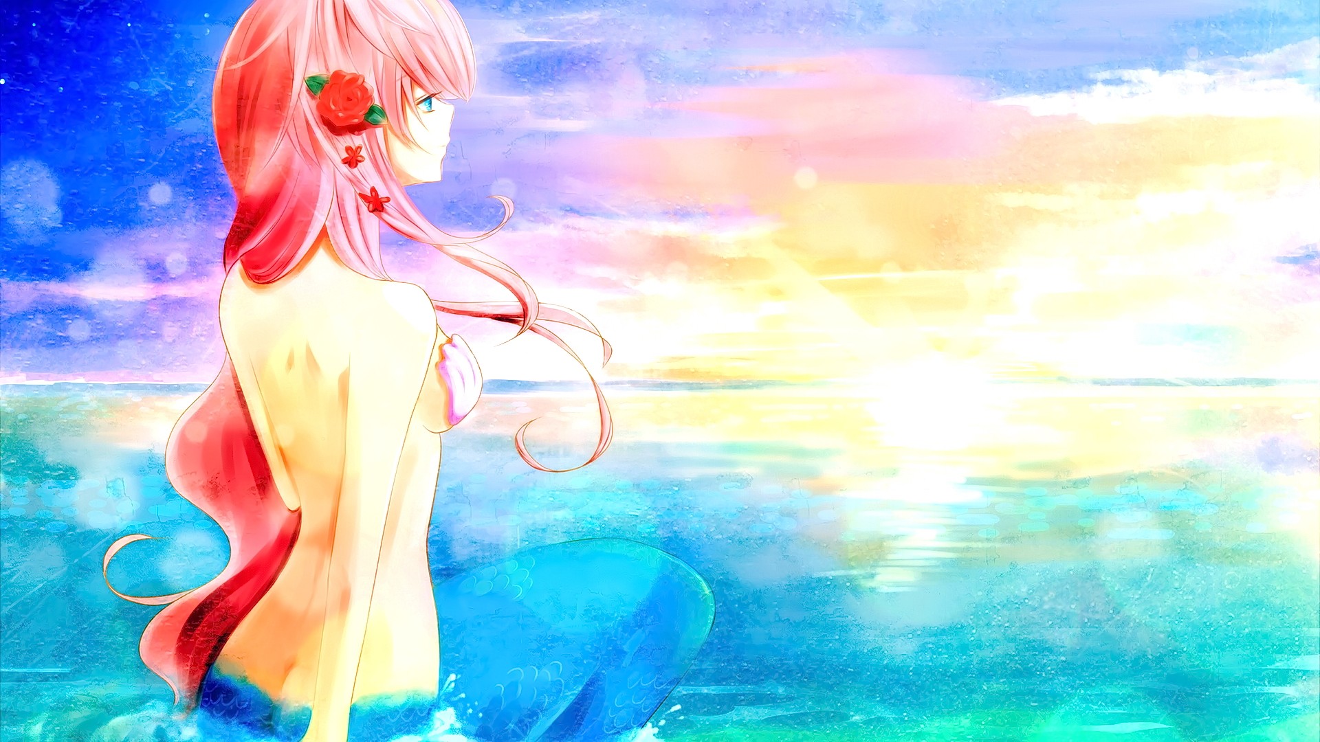 Anime 1920x1080 anime anime girls pink hair long hair blue eyes ass topless nipple pasties mermaids back looking into the distance