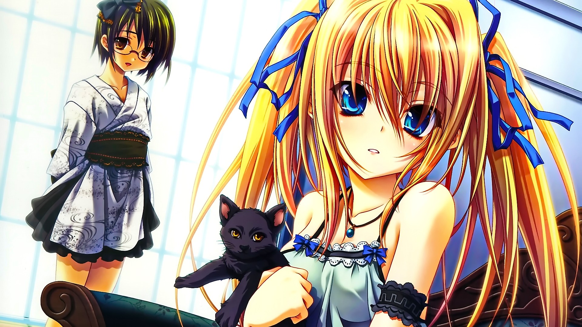 Anime 1920x1080 anime anime girls blonde brunette blue eyes dress animals two women mammals cats face closeup long hair looking at viewer women with glasses necklace