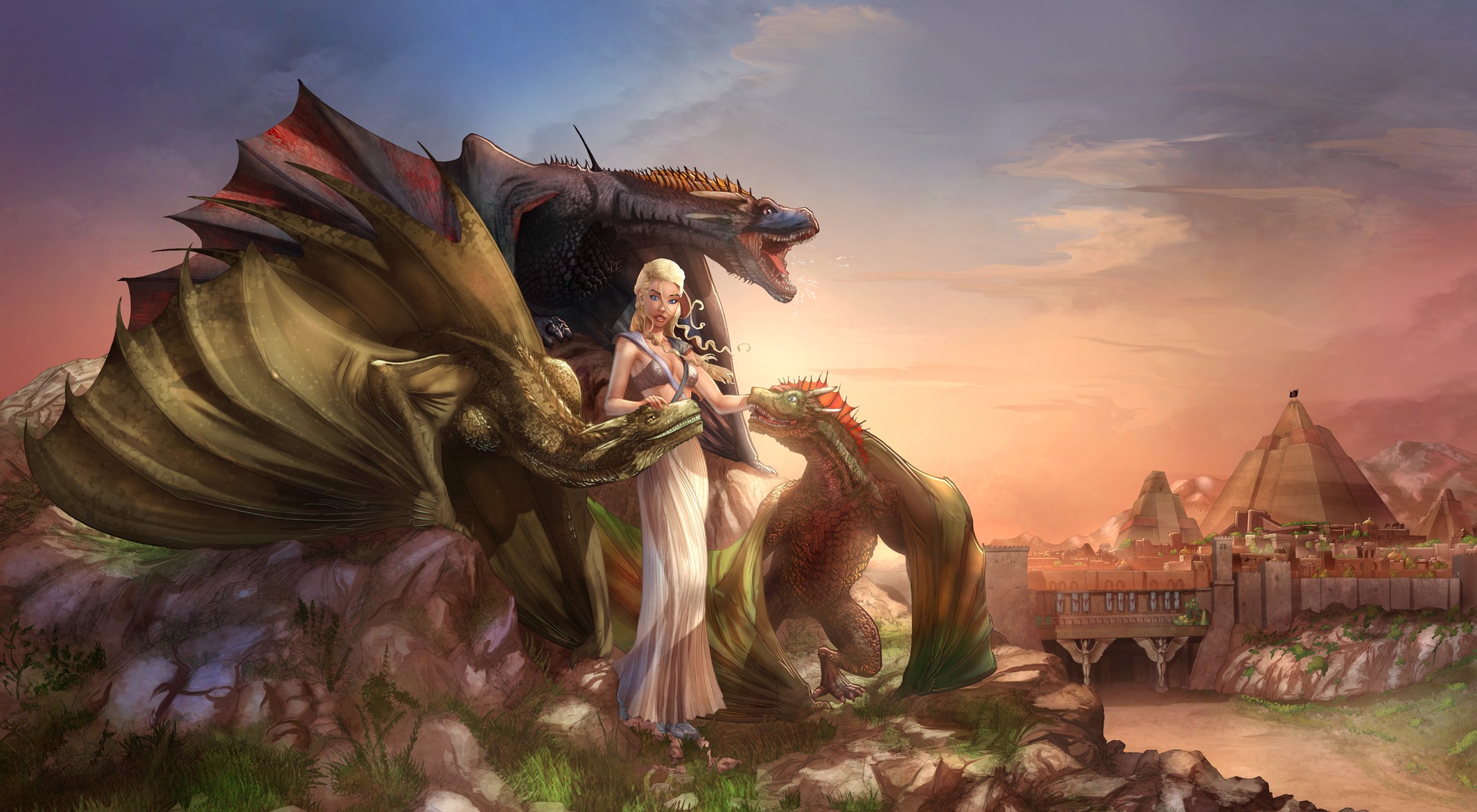 General 2131x1172 Game of Thrones fantasy art dragon TV series creature fan art women fantasy girl blonde