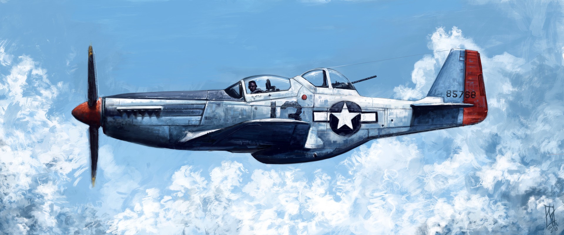 General 1920x803 North American P-51 Mustang vehicle military military aircraft airplane numbers artwork military vehicle aircraft North American Aviation sky American aircraft side view clouds pilot flying men signature