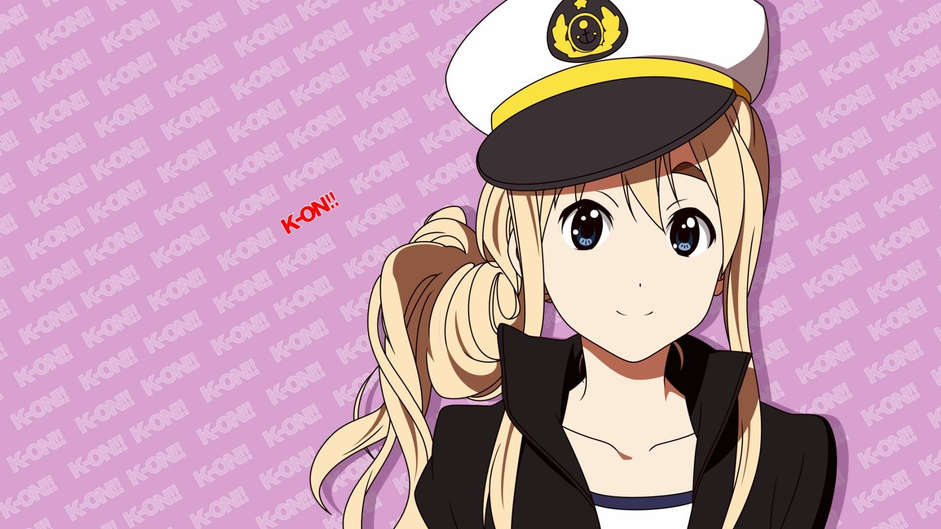 Anime 1920x1080 K-ON! anime girls anime blonde hat pink background women with hats long hair smiling dark eyes looking at viewer