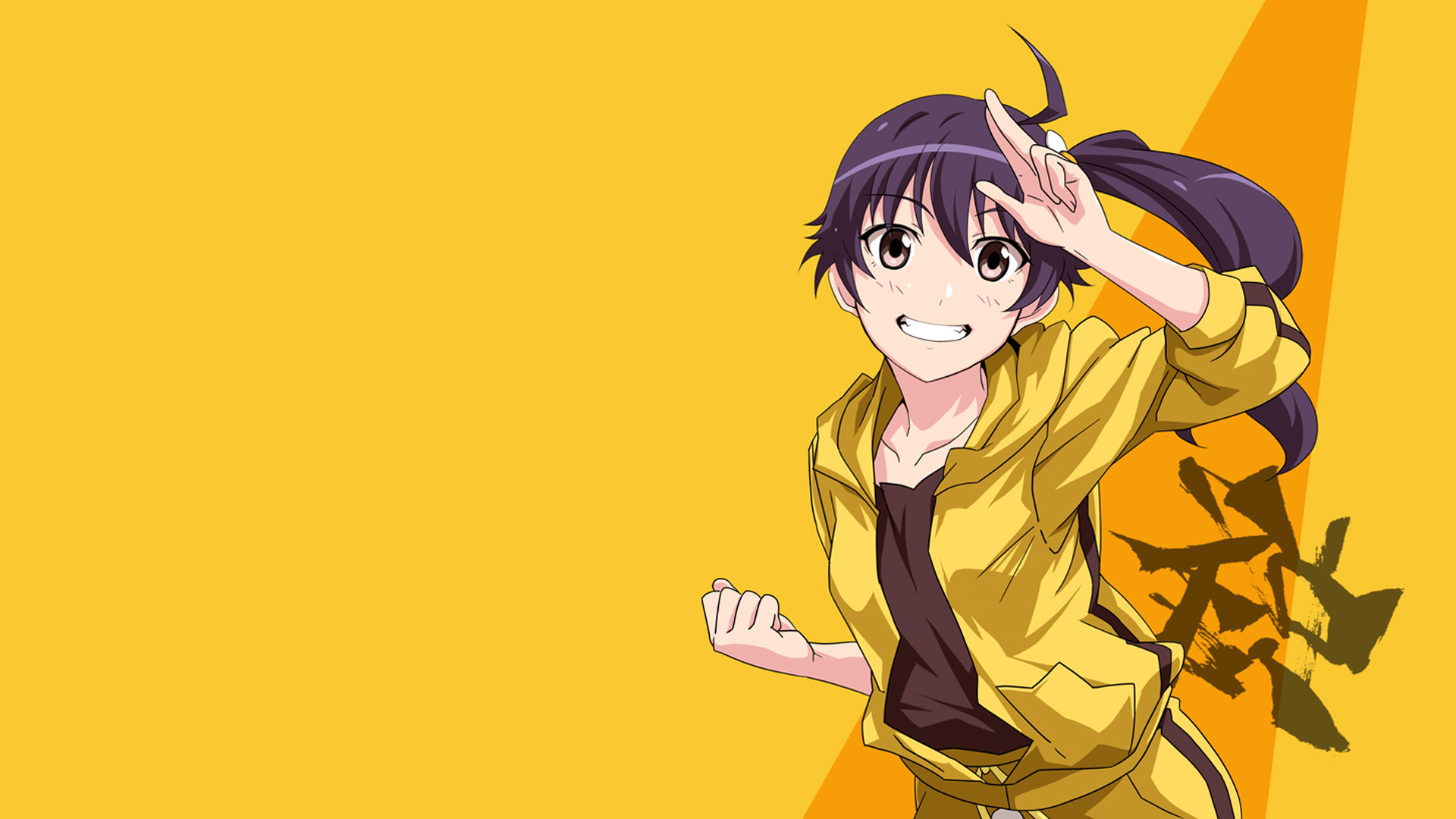 Anime 1920x1080 Monogatari Series Araragi Karen anime simple background smiling anime girls yellow clothing yellow background long hair fist