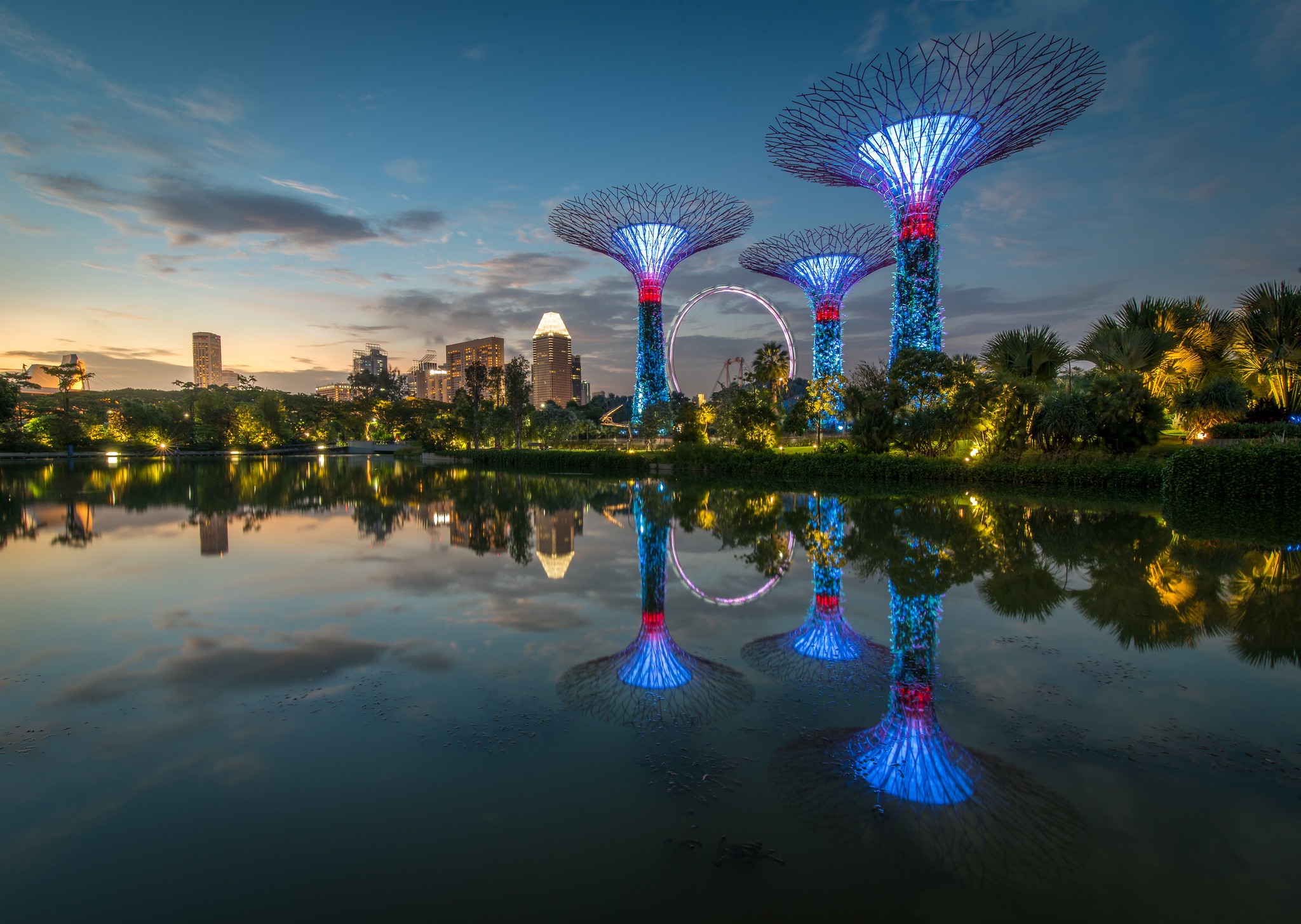General 2048x1455 photography clouds landscape lake reflection architecture trees city lights sky Singapore Asia