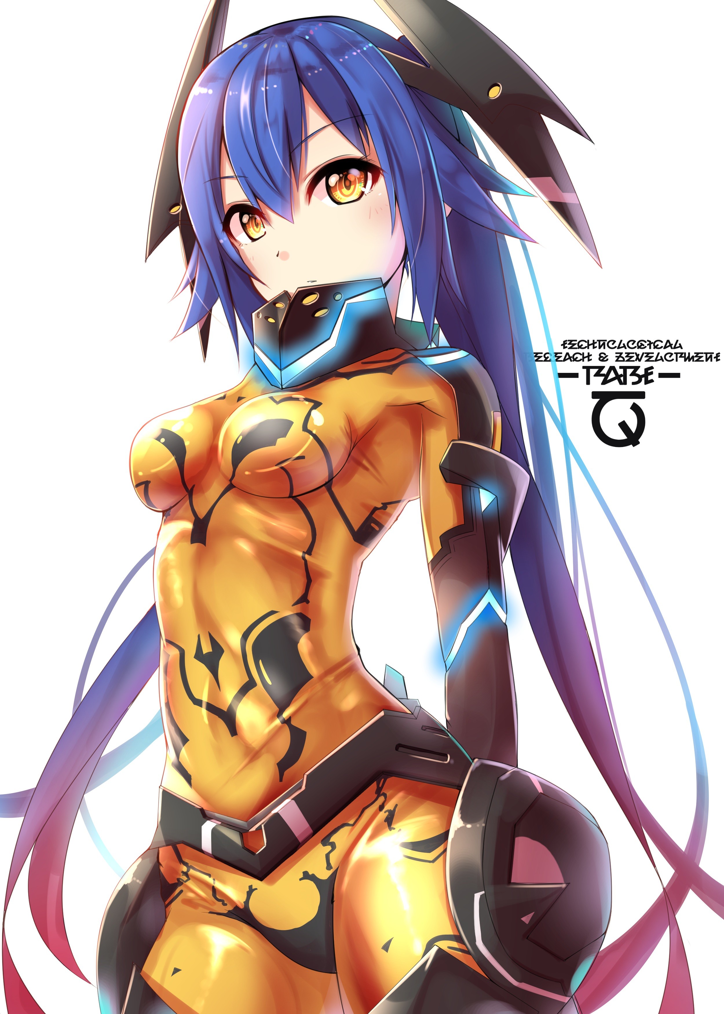 Anime 2500x3500 anime anime girls Phantasy Star Online 2 bodysuit long hair Quna (Phantasy Star Online 2) yellow eyes blue hair twintails Racket (artist) boobs Pixiv PC gaming anime games video game girls video game characters white background simple background hair in face standing