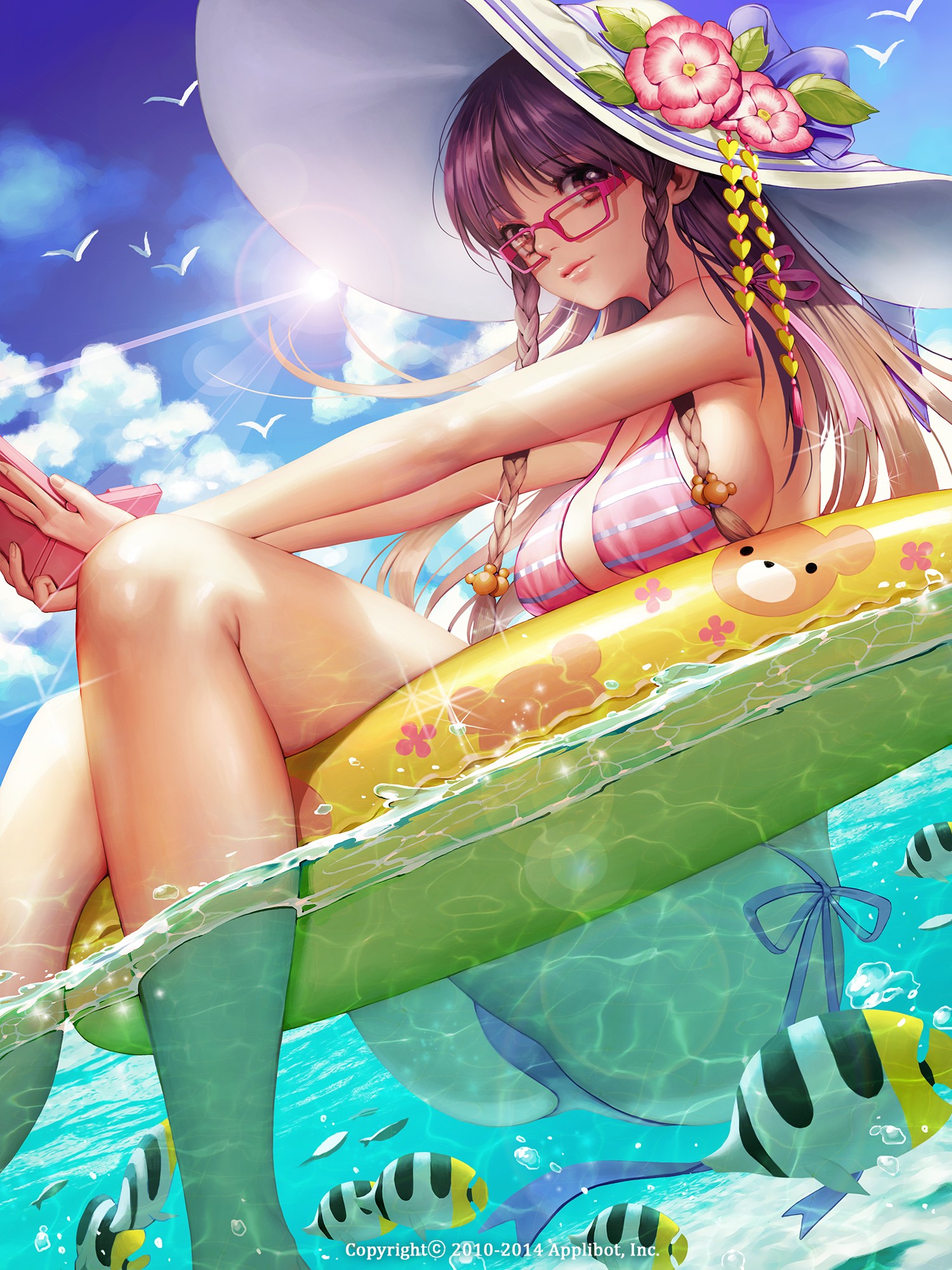 Anime 1500x2000 anime anime girls Gang Road Joker bikini cleavage wet long hair glasses hat ArtStation boobs swimwear fish air mattress beach floater