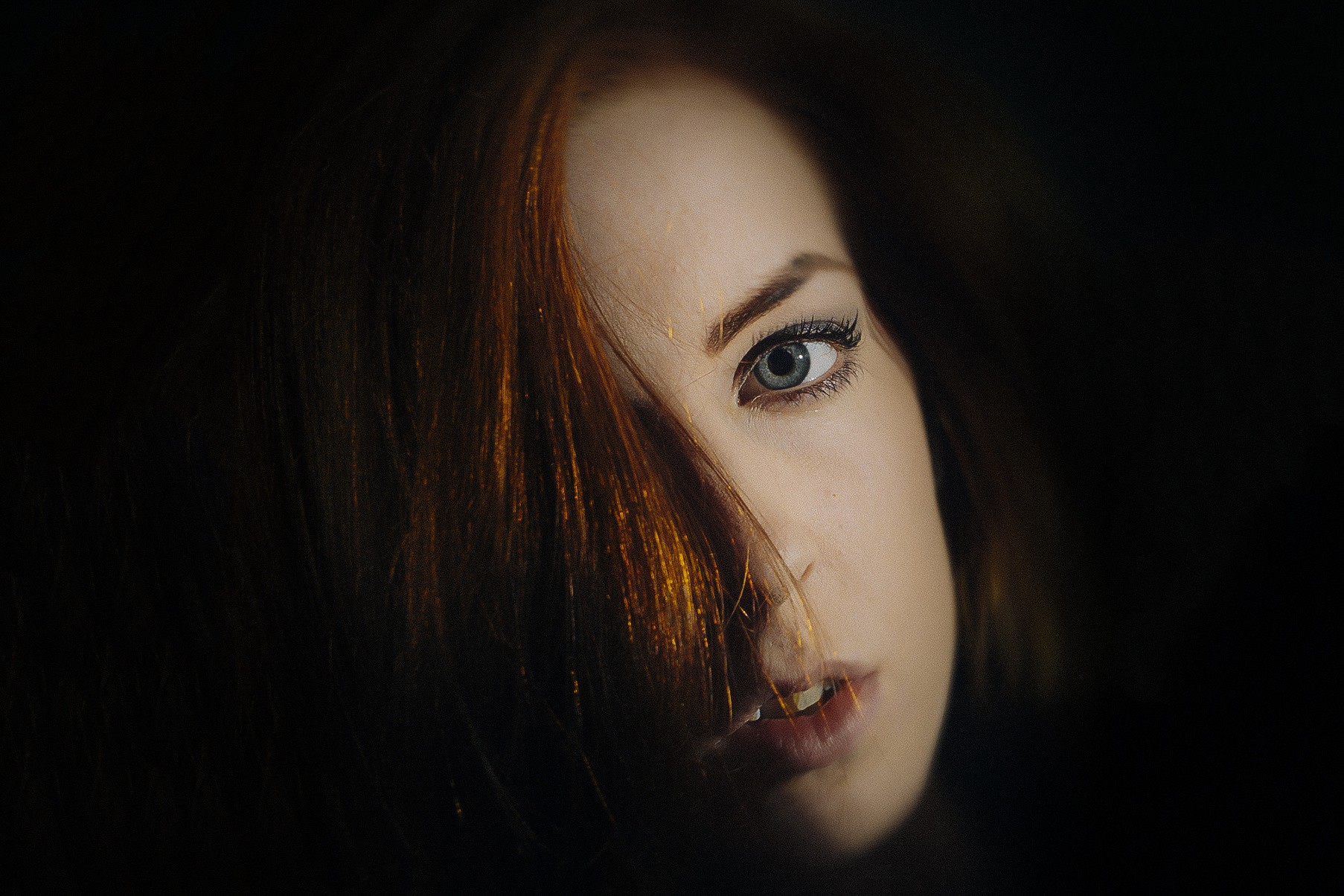 People 1806x1204 women face portrait simple background redhead closeup hair over one eye women indoors indoors dark model studio