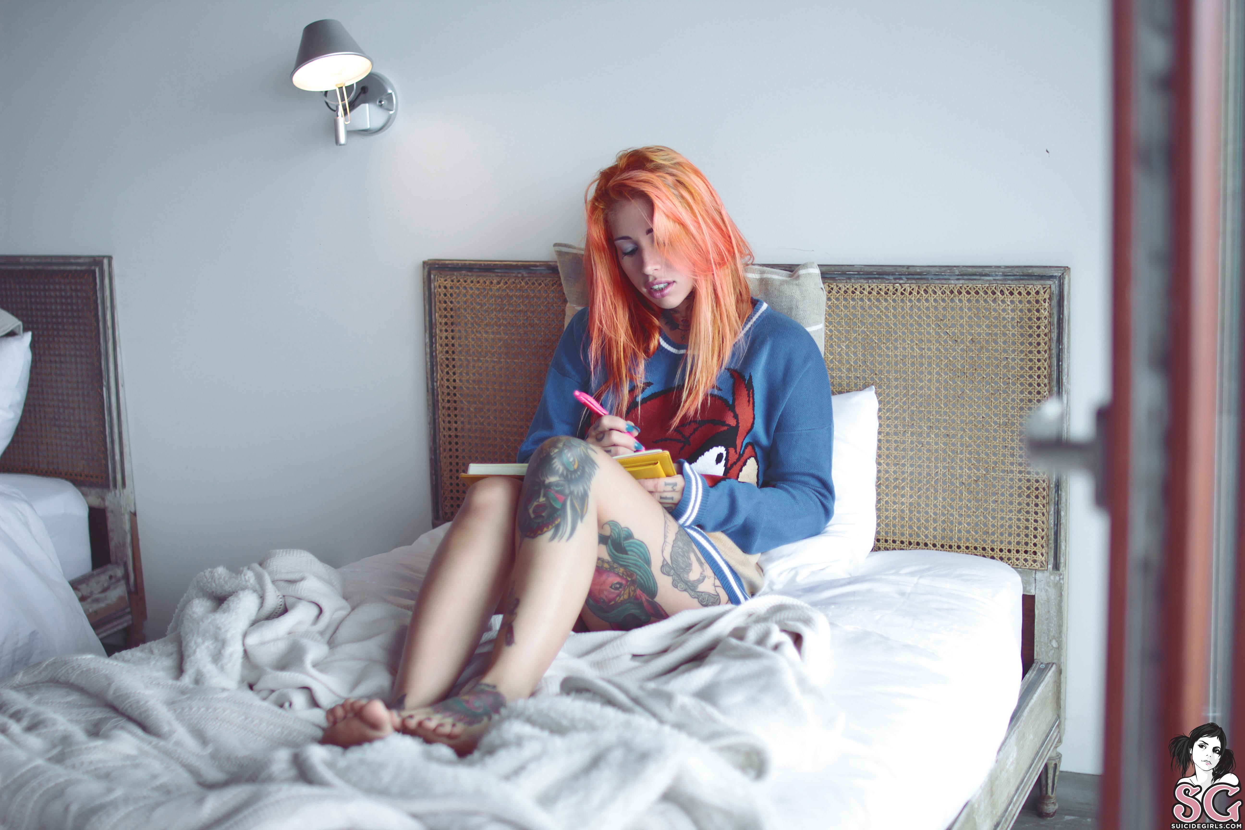 People 5184x3456 Suicide Girls redhead bed pillow towel tattoo Cartoon Suicide women