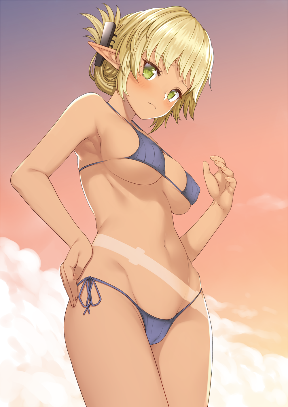 Anime 1000x1414 original characters blonde pointy ears bikini tan lines low-angle Takunomi