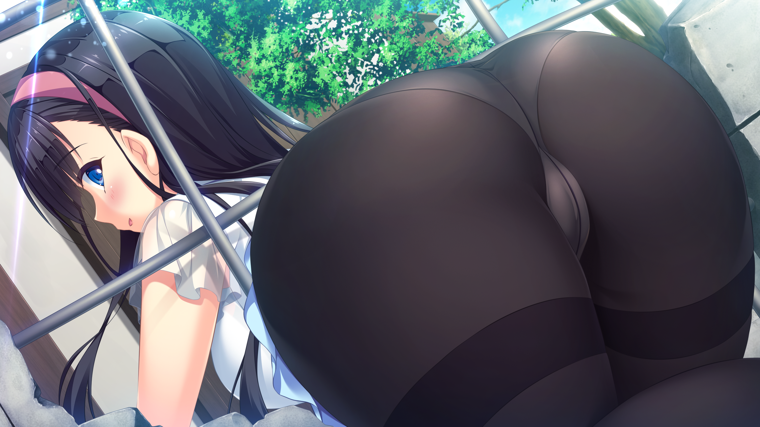 Anime 2560x1440 Kamiki Inori Lovekami ass black pantyhose blue eyes panties pantyhose bent over black hair anime girls Stuck