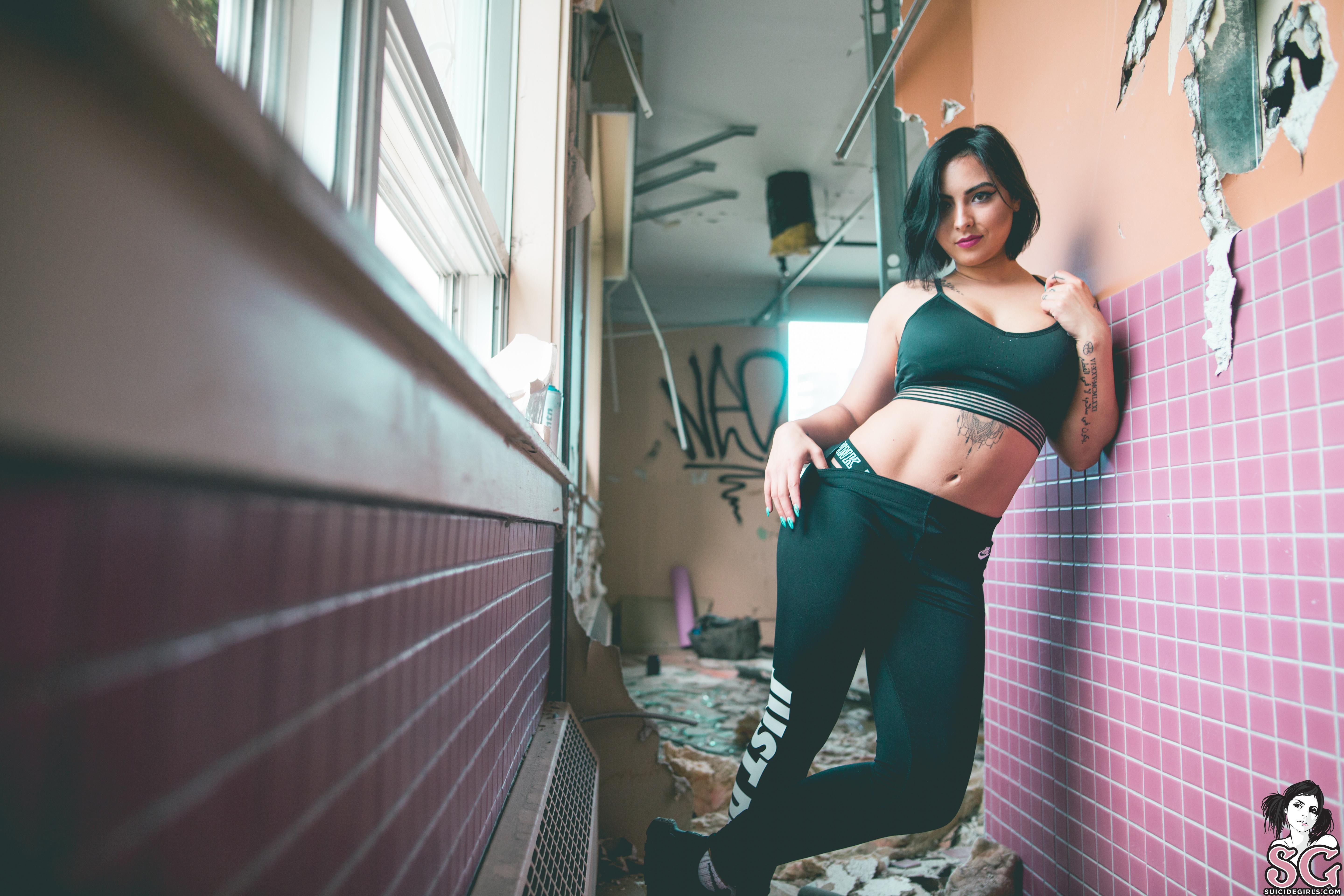 People 5760x3840 Suicide Girls Lilly (Suicide GIrls) graphite black hair women abandoned standing by the wall watermarked wall window