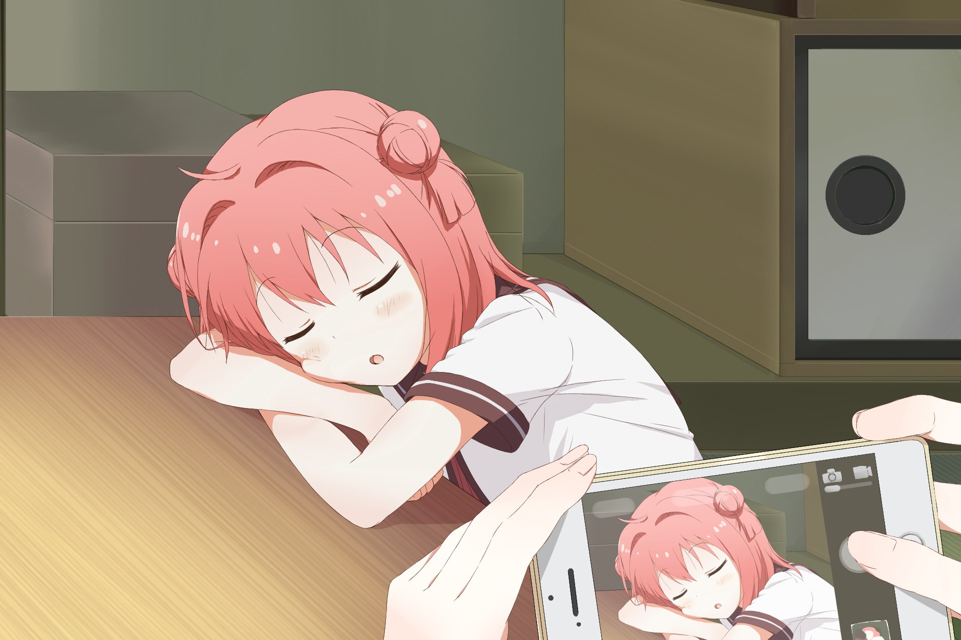 Anime 1920x1280 Akaza Akari Yuru Yuri pink hair closed eyes sleeping