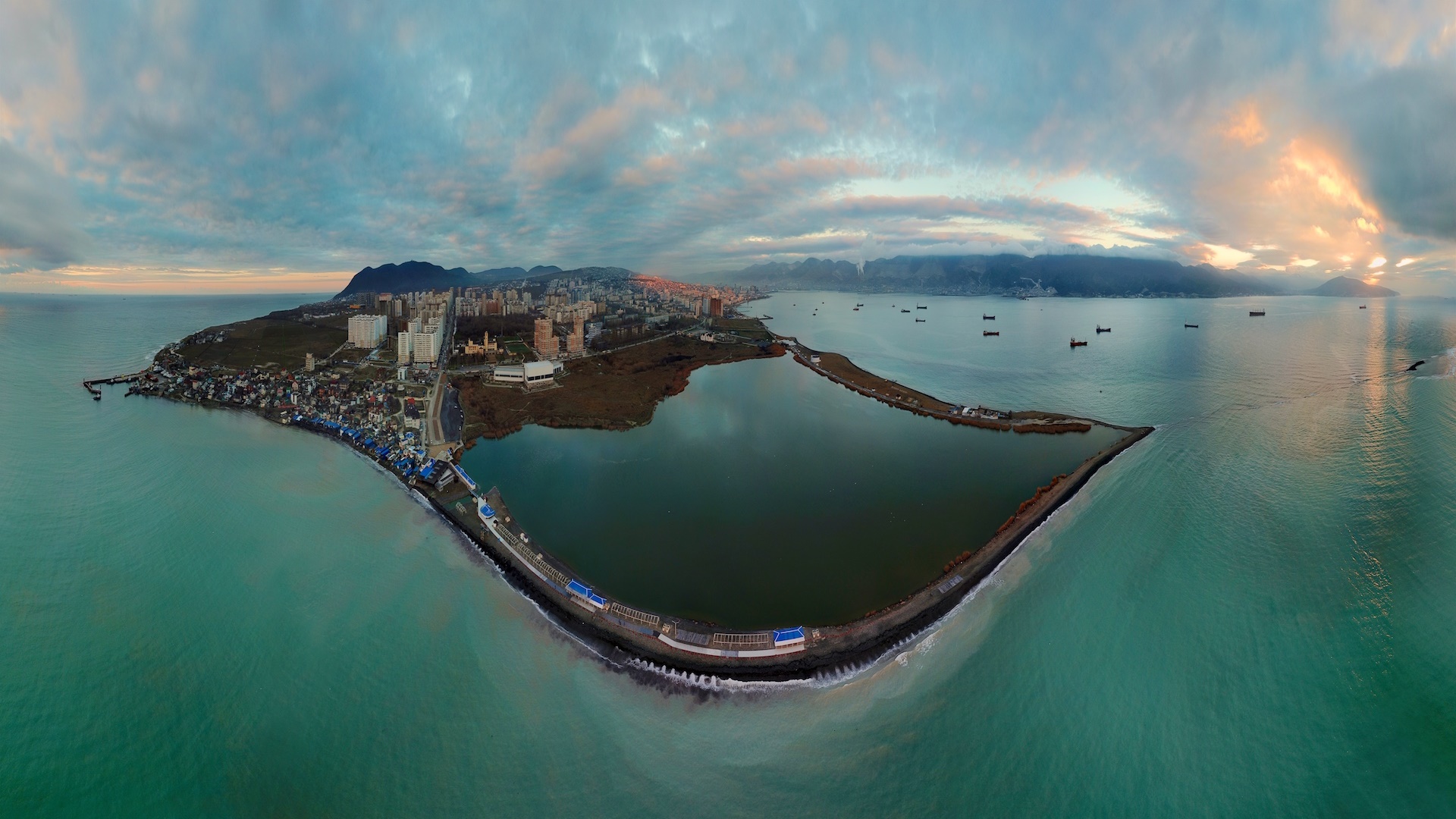 General 1920x1080 water sky cityscape aerial view fisheye lens