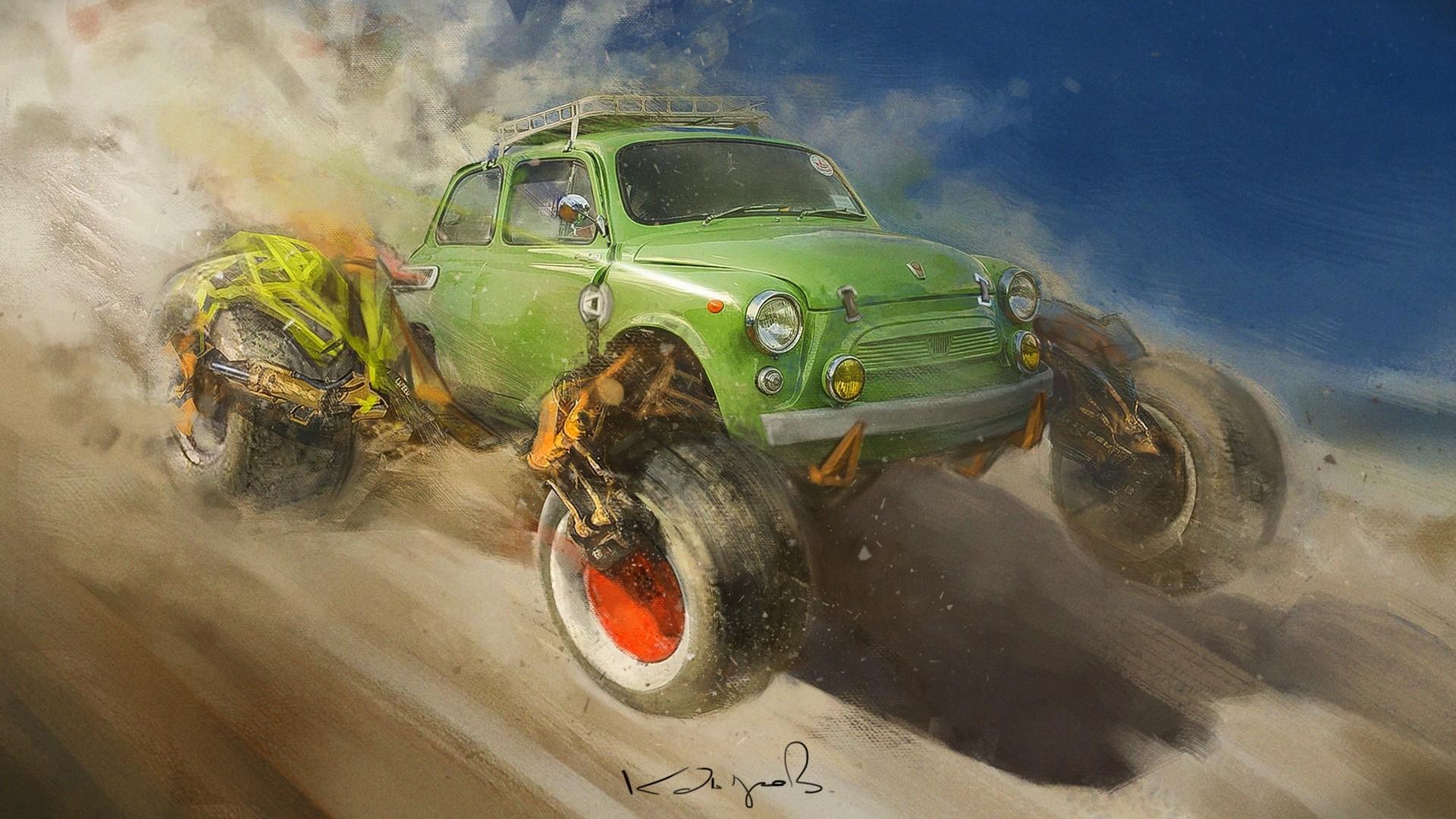 General 1920x1080 digital art fantasy art car artwork Russian cars sand monster trucks green cars ZAZ