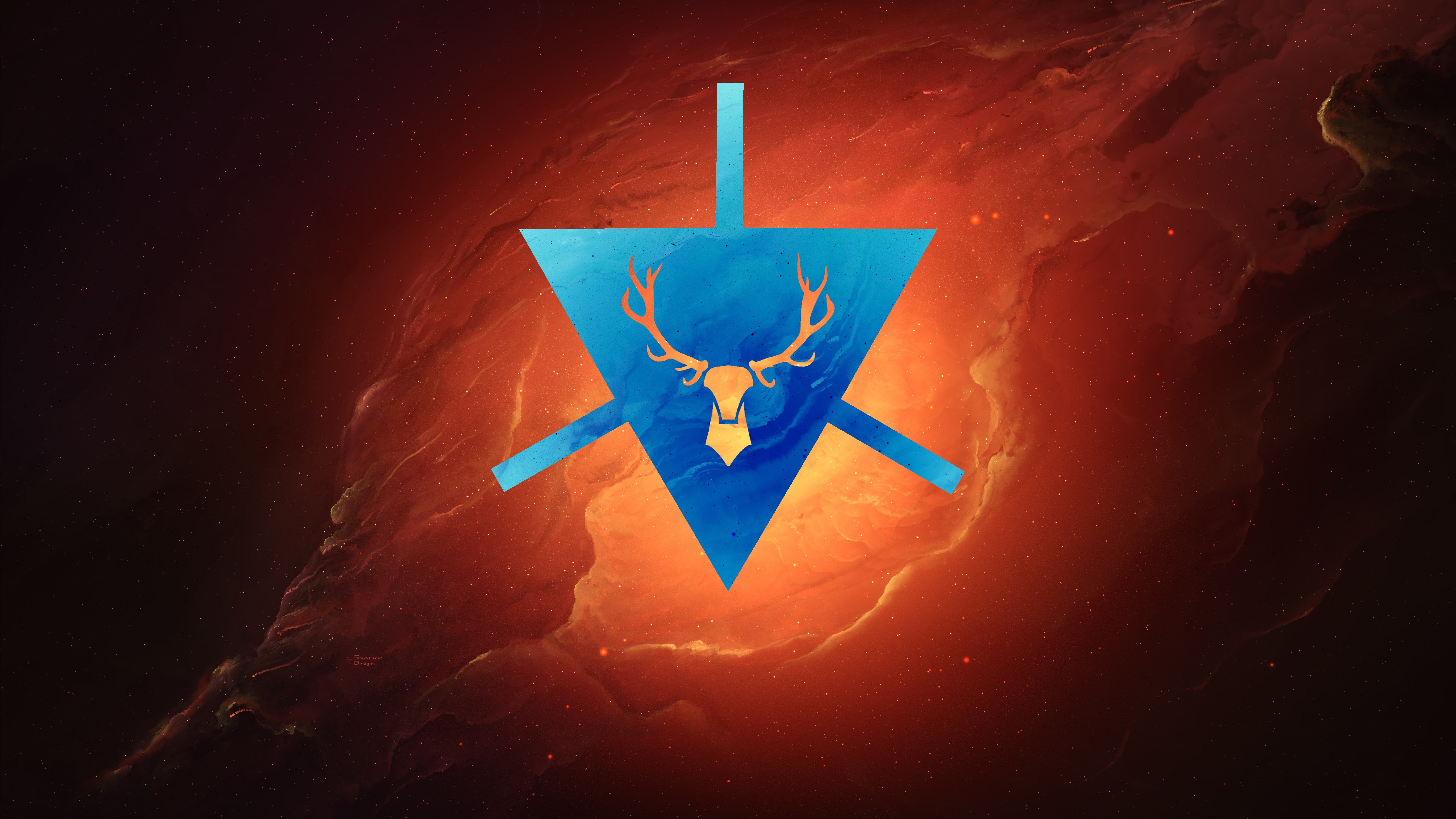 General 5120x2880 triangle deer symbols nebula blue orange black