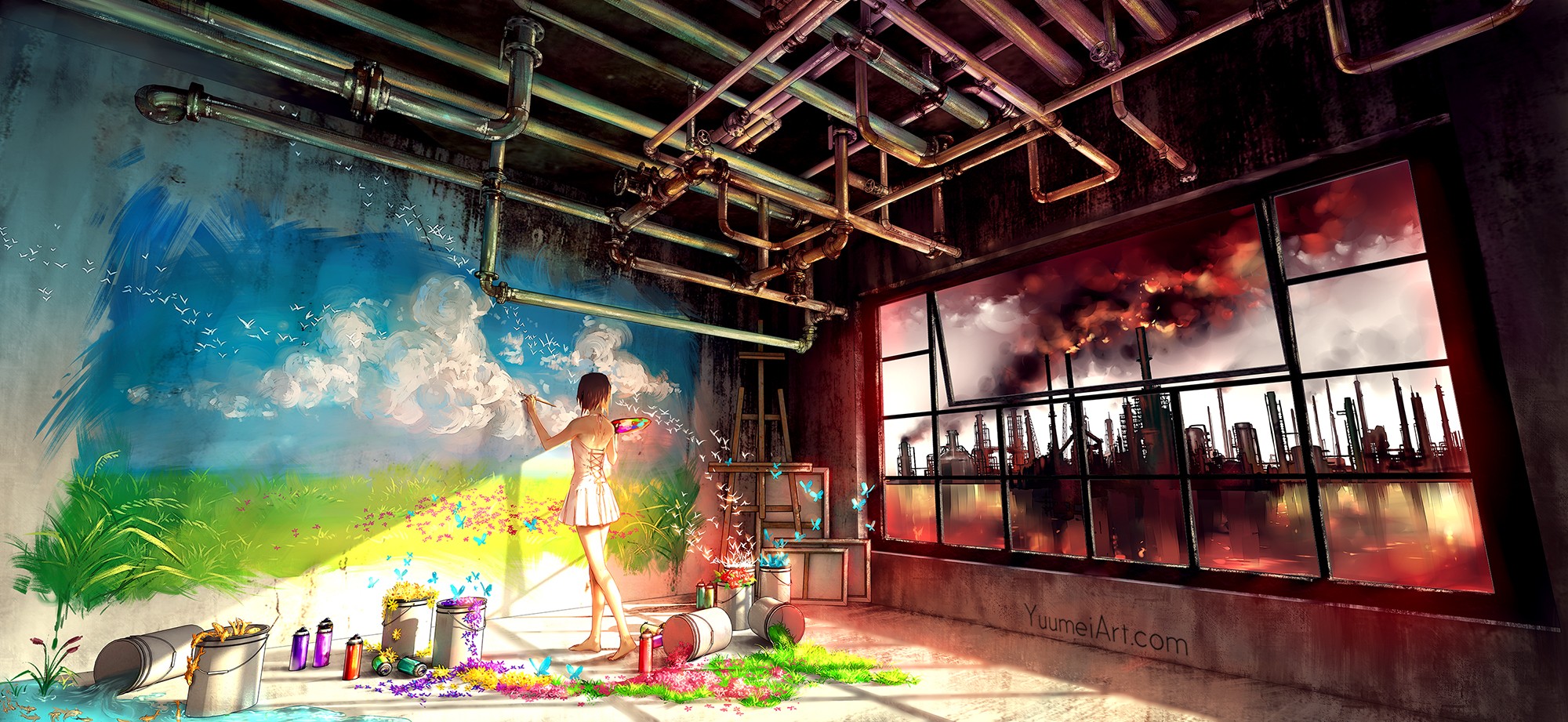 Anime 2000x921 Yuumei pipes room industrial city painters contrast colorful painting cityscape clouds anime girls pollution women indoors indoors DeviantArt