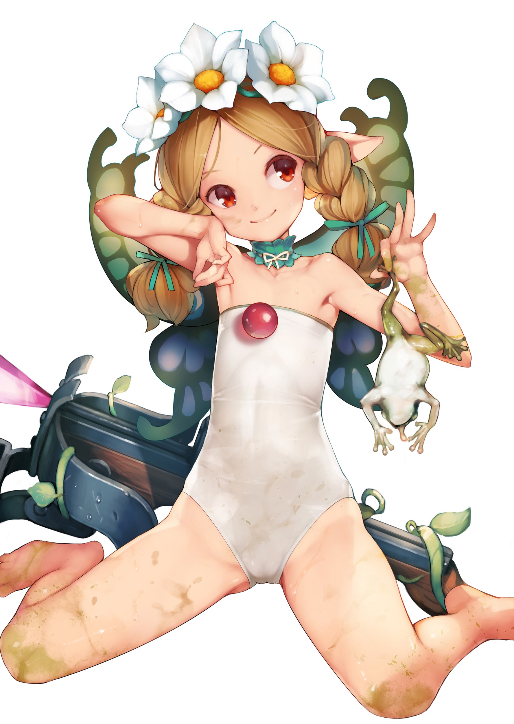 Anime 1777x2500 anime girls artwork flowers bodysuit Ataruman cameltoe sitting armpits red eyes blonde twintails braids anime long hair smiling messy pointy ears toad crossbow white background loli