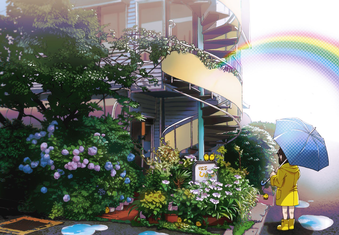 Anime 1441x1000 anime girls Pixiv umbrella house plants rainbows anime