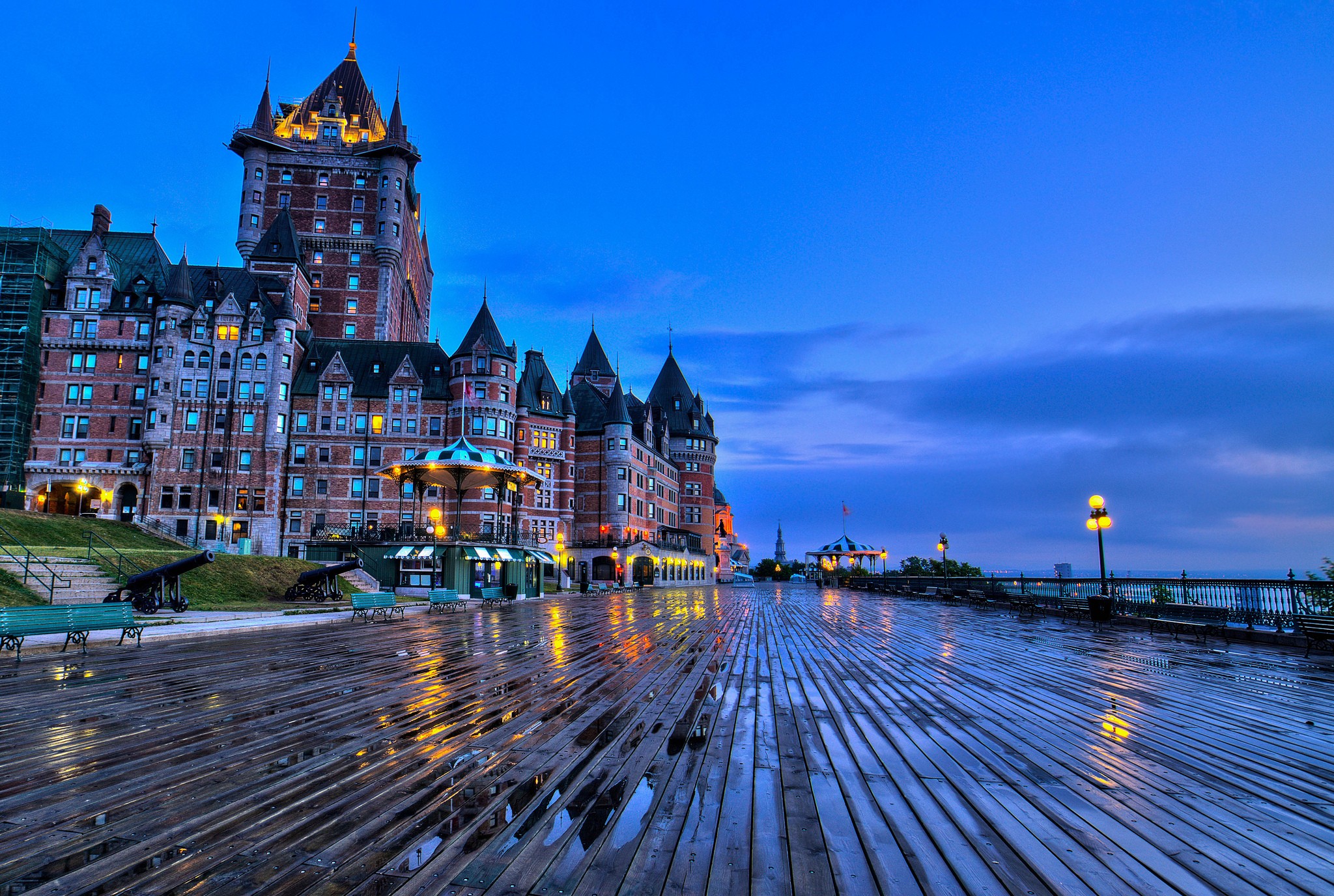 General 2048x1376 architecture building nature landscape trees Quebec Canada evening wet wooden surface wood planks water clouds reflection cannons lights Château Frontenac Terrasse Dufferin terraces hotel