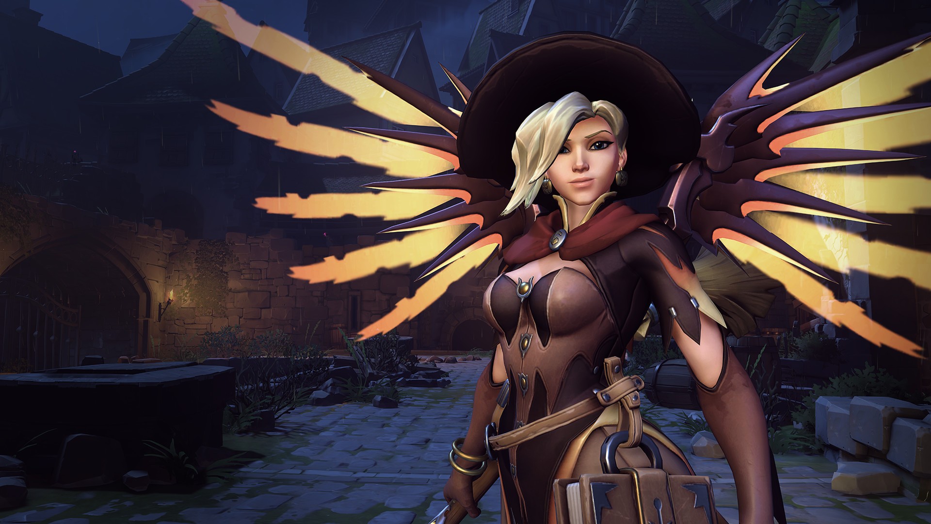 Anime 1920x1080 Overwatch Mercy (Overwatch) wings bodysuit short hair blonde witch witch hat