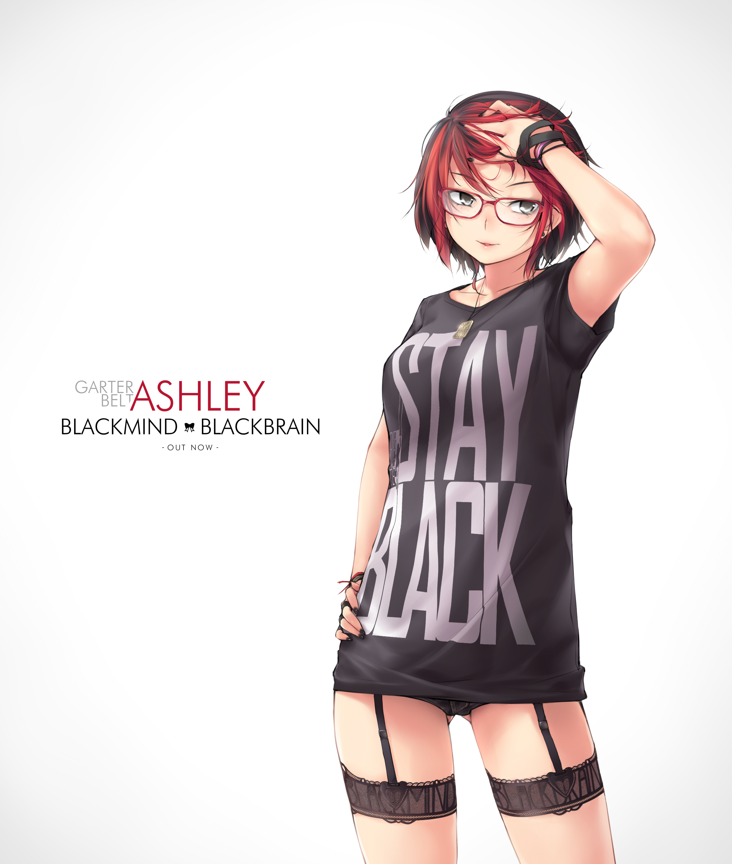 Anime 2353x2777 anime anime girls short hair redhead glasses kopianget Huniepop 2 Ashley Rosemarry garter straps stockings short shorts T-shirt