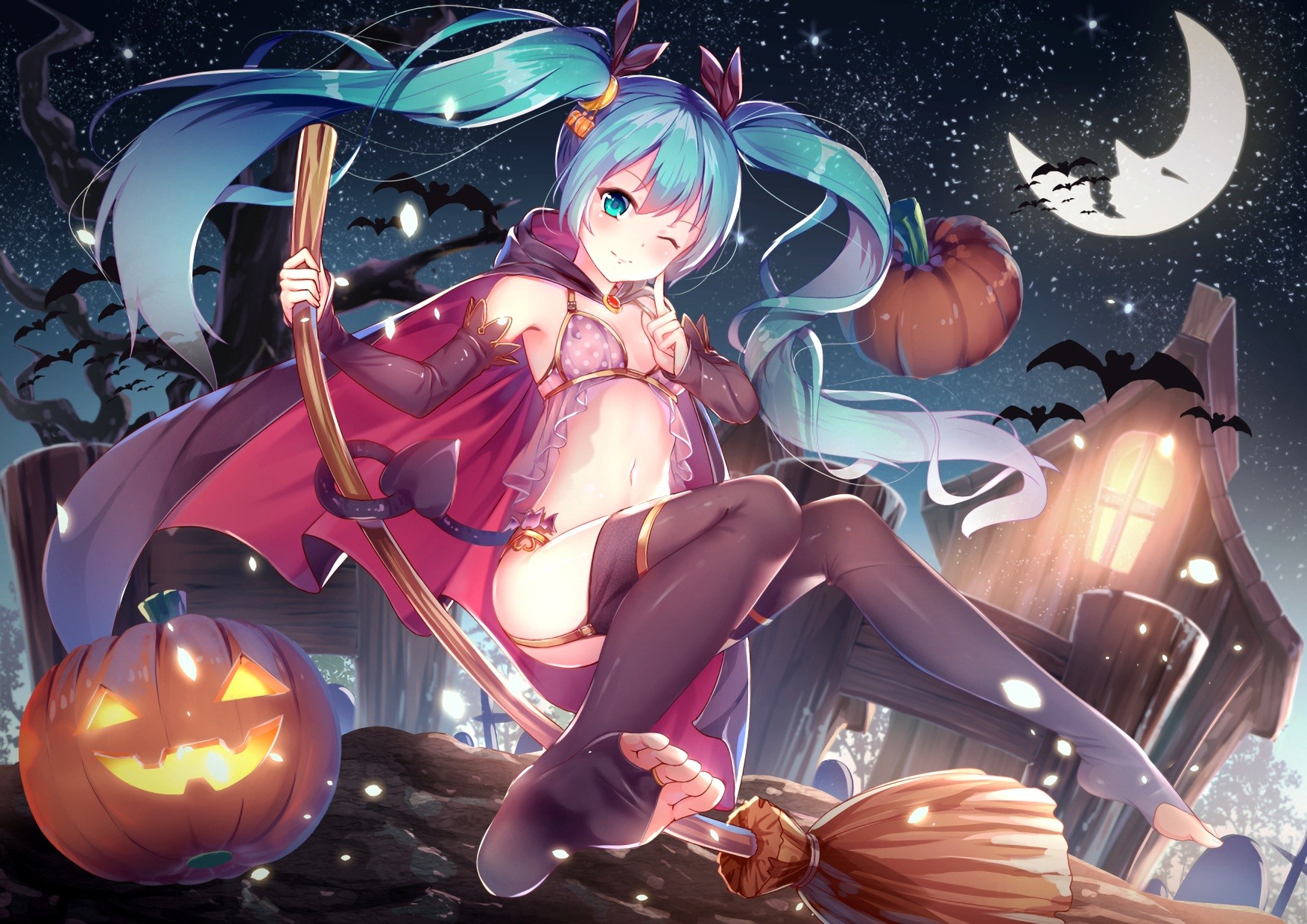 Anime 1754x1240 Vocaloid Hatsune Miku Halloween animals bats blushing cape pumpkin tail twintails thigh-highs underwear feet cyan hair one eye closed stockings aqua eyes long hair