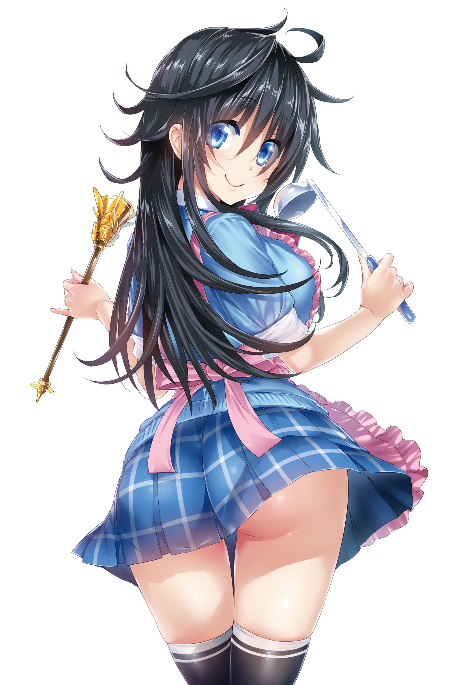 Anime 1598x2373 school uniform JK lifting skirt bottomless Netgame no Yome wa Onna no Ko ja Nai to Omotta? Tamaki Ako anime girls schoolgirl big boobs upskirt thick ass looking over shoulder ass looking back standing looking at viewer the gap blue eyes messy hair black hair Hisasi long hair glutes underboob sideboob wide hips black legwear simple background 2D thick thigh blushing white background smiling anime closed mouth hair between eyes curvy apron ahoge skirt