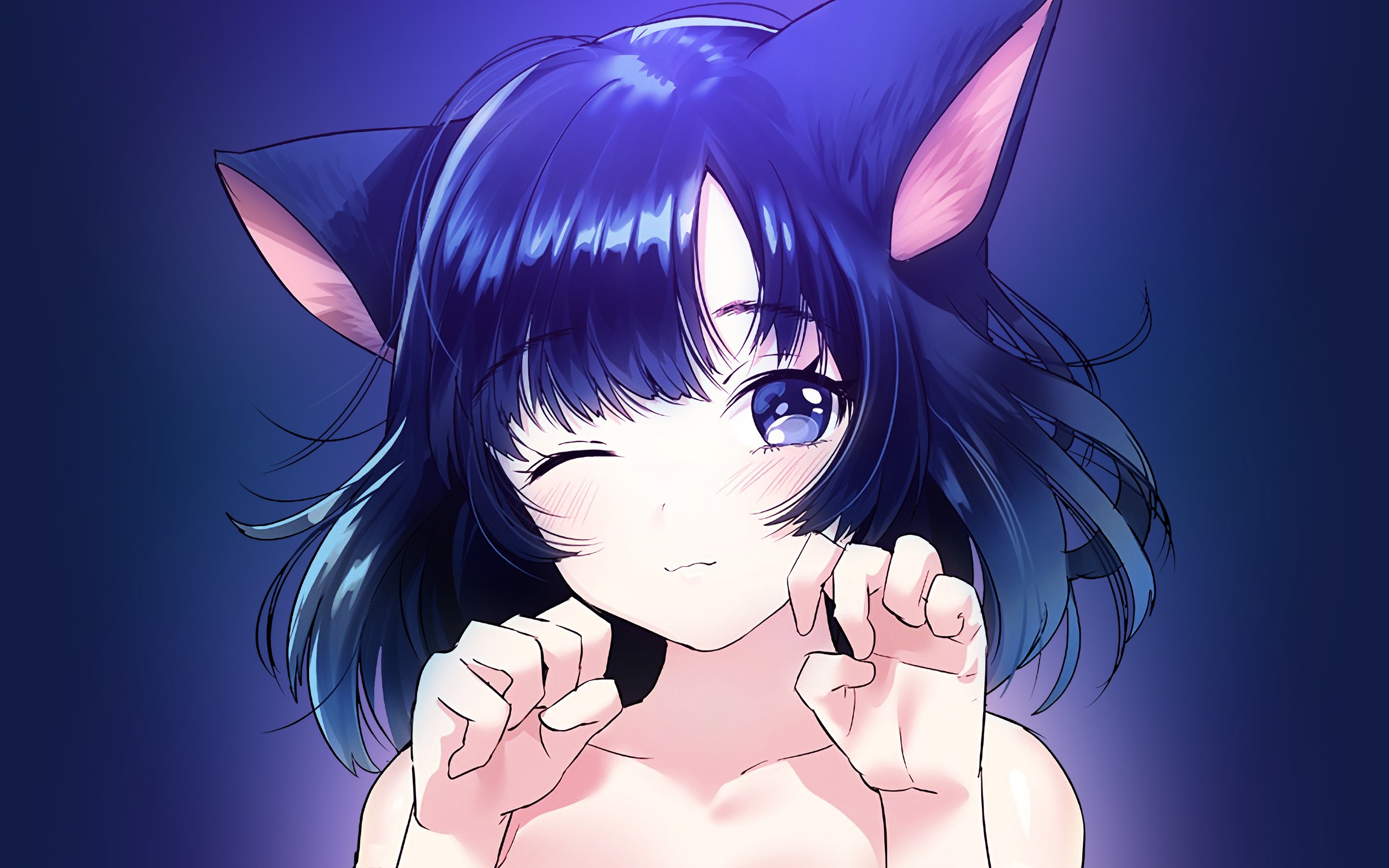 Anime 2560x1600 anime anime girls purple eyes animal ears purple hair cat girl bare shoulders wink