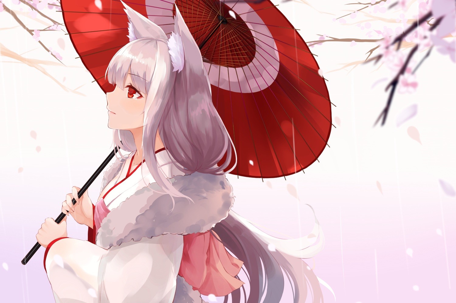 Anime 1500x997 manga animal ears anime girls paper umbrellas kimono cherry blossom Japanese clothes silver hair red eyes Note (artist) fox girl
