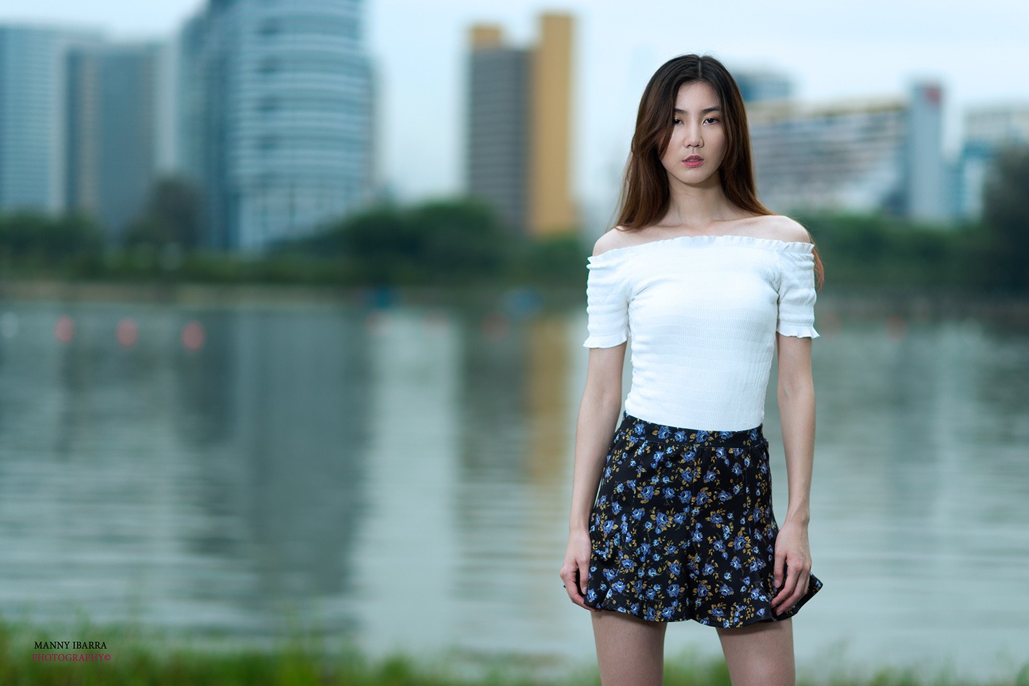 People 1500x1000 women Asian brunette long hair looking at viewer white shirt skirt standing model Manny Ibarra women outdoors bare shoulders watermarked