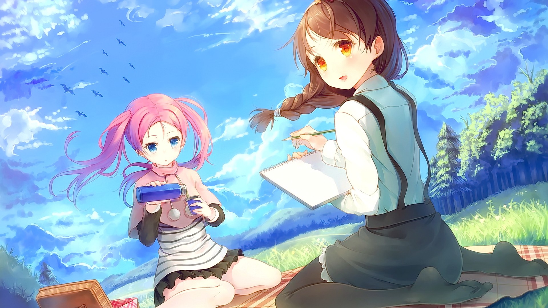 Anime 1920x1080 anime anime girls long hair brunette pink hair blue eyes yellow eyes open mouth smiling sky clouds school uniform looking away looking at viewer birds forest mountains Paseri Your Diary Hirosaki Kanade two women women outdoors skirt kneeling