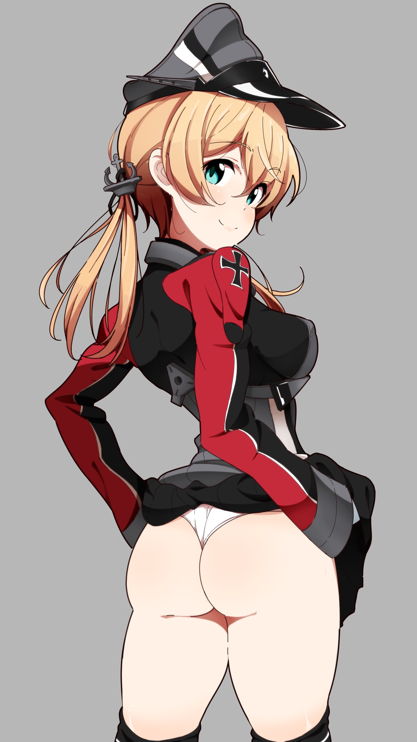 Anime 1349x2397 anime anime girls artwork ass hat looking back looking at viewer white panties Kantai Collection Prinz Eugen (KanColle) rear view women with hats gray background panties underwear smiling blonde long hair standing boobs looking over shoulder