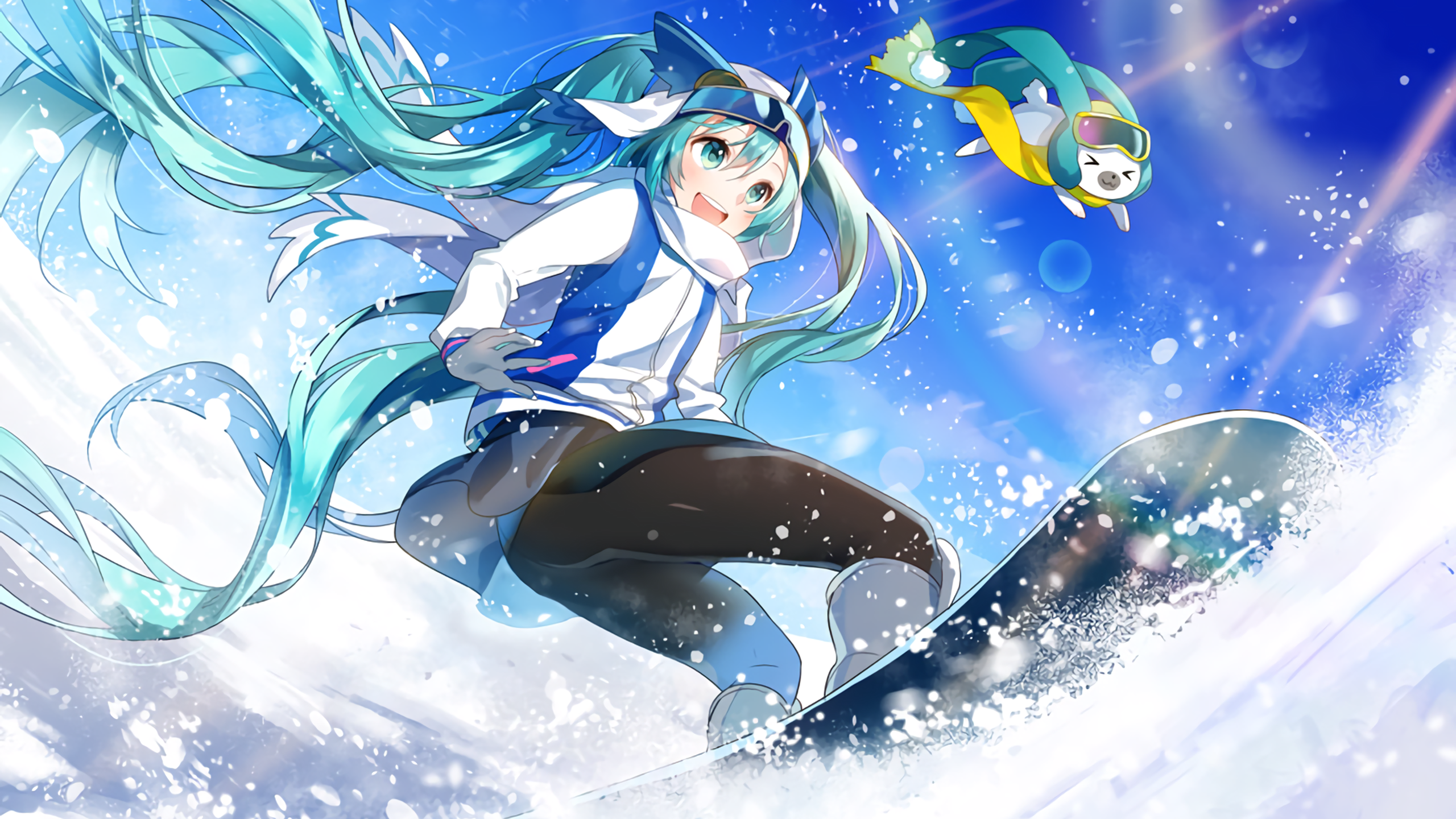 Anime 2560x1440 manga anime girls anime winter sport snowboarding open mouth green hair green eyes long hair