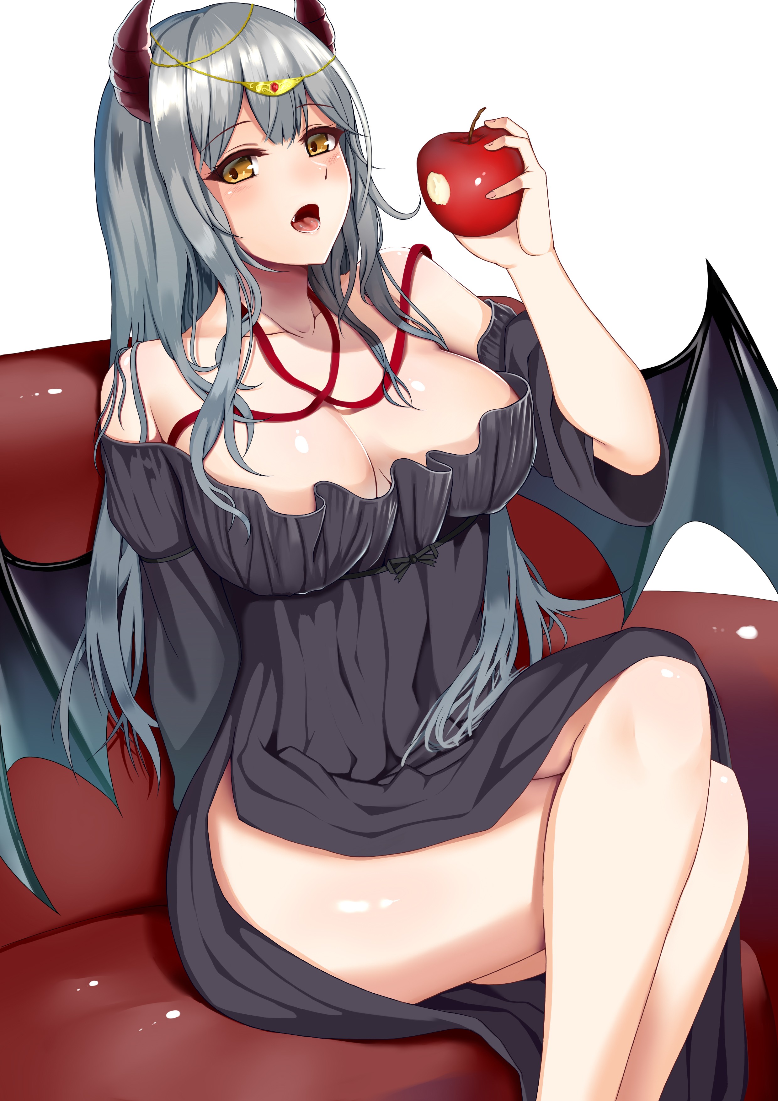 Anime 2480x3507 anime anime girls cleavage dress horns wings long hair Pixiv boobs big boobs curvy food fruit apples open mouth thighs black dress looking at viewer succubus legs legs crossed sitting portrait display