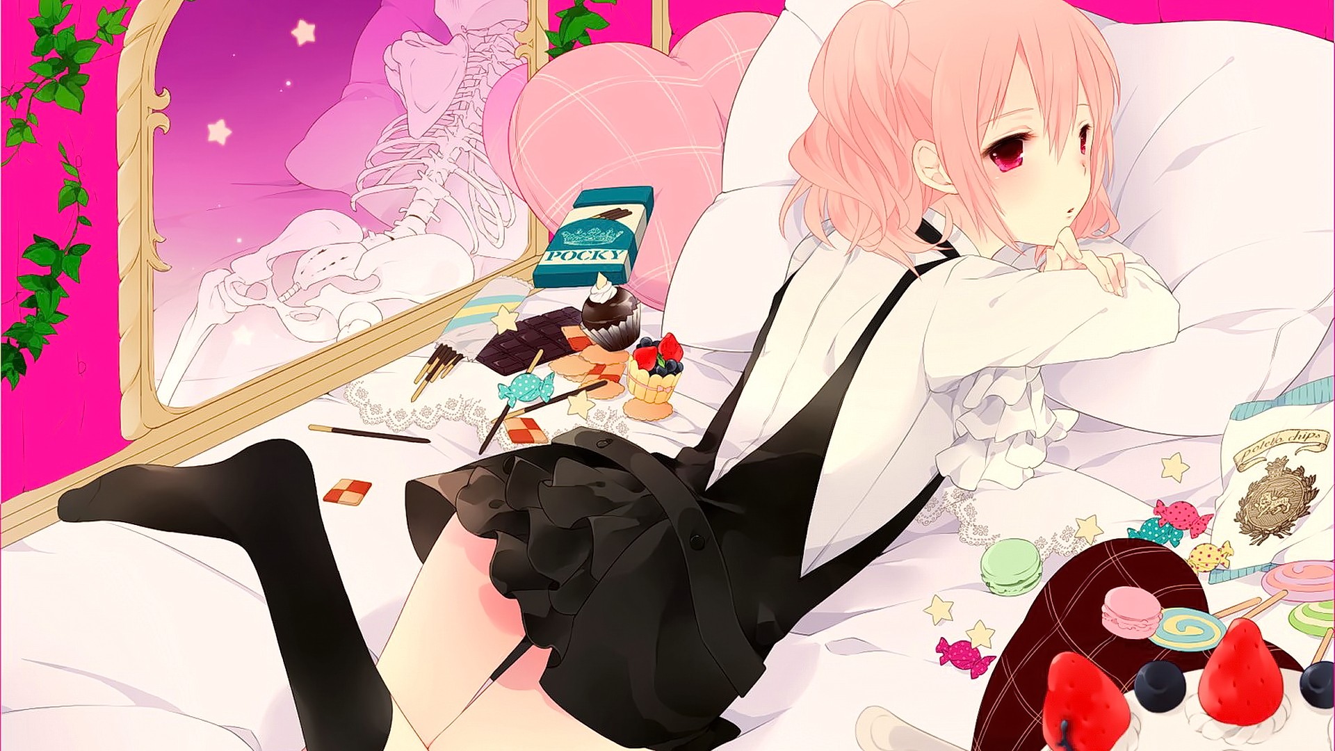 Anime 1920x1080 anime anime girls pink hair red eyes in bed looking at viewer lying on front shoulder length hair food sweets bed skeleton bones
