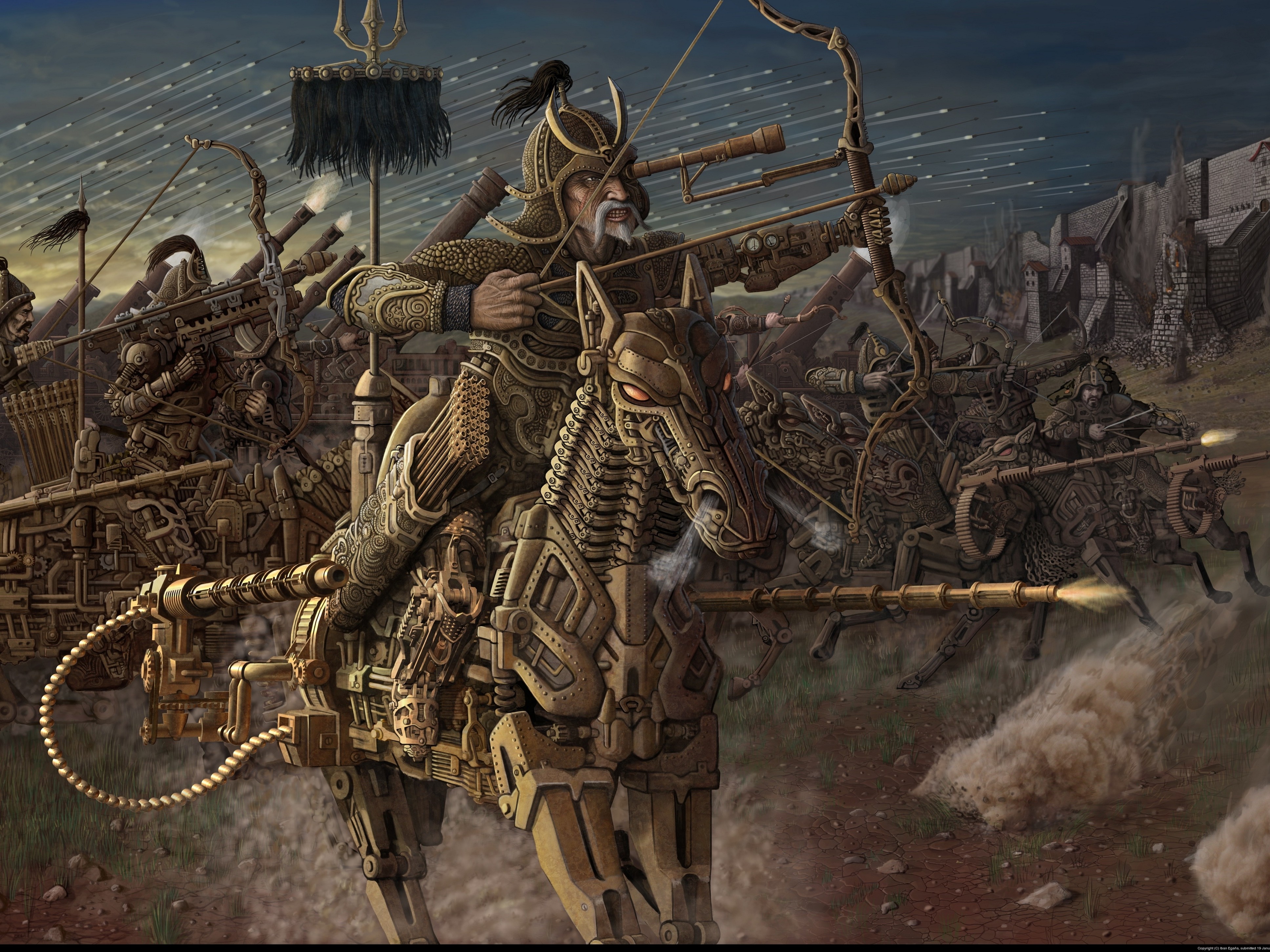 General 3872x2904 ancient old warrior horse fantasy art weapon machine arrows war soldier bow Mongols wall digital art building smoke bow and arrow watermarked aiming
