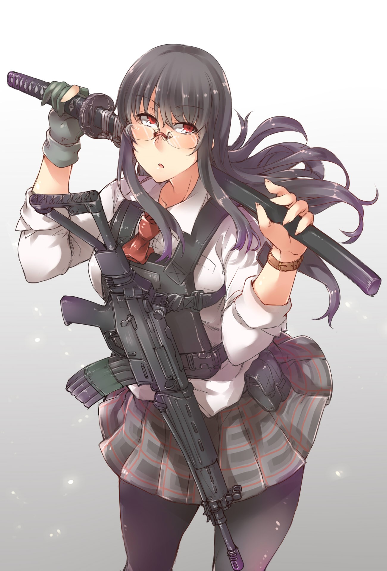 Anime 1300x1921 anime anime girls long hair red eyes glasses weapon gun sword katana