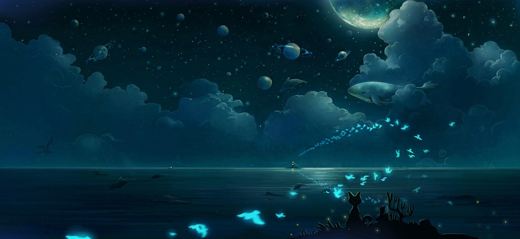 General 1667x768 butterfly clouds night planet whale cats fish animals birds digital art sky sea