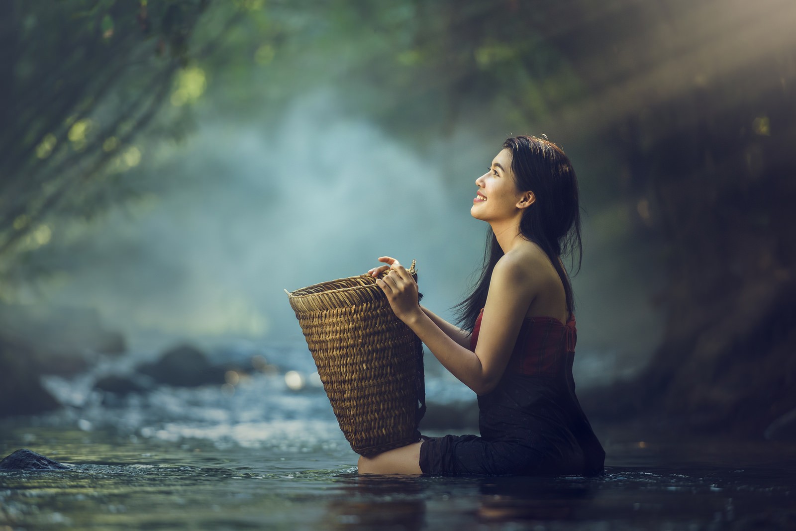People 1600x1068 smiling baskets water wet clothing sitting women in water creeks Asia Asian model face profile looking up women outdoors
