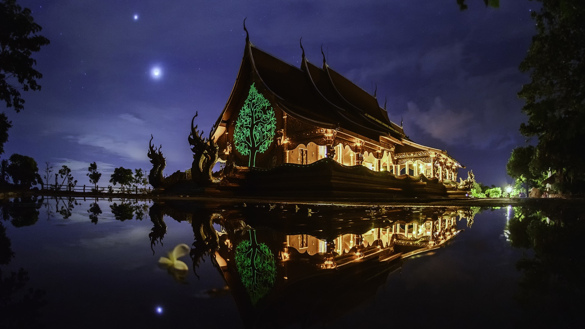 General 1920x1080 nature landscape architecture trees building water lake night Asian architecture reflection dragon lights clouds neon