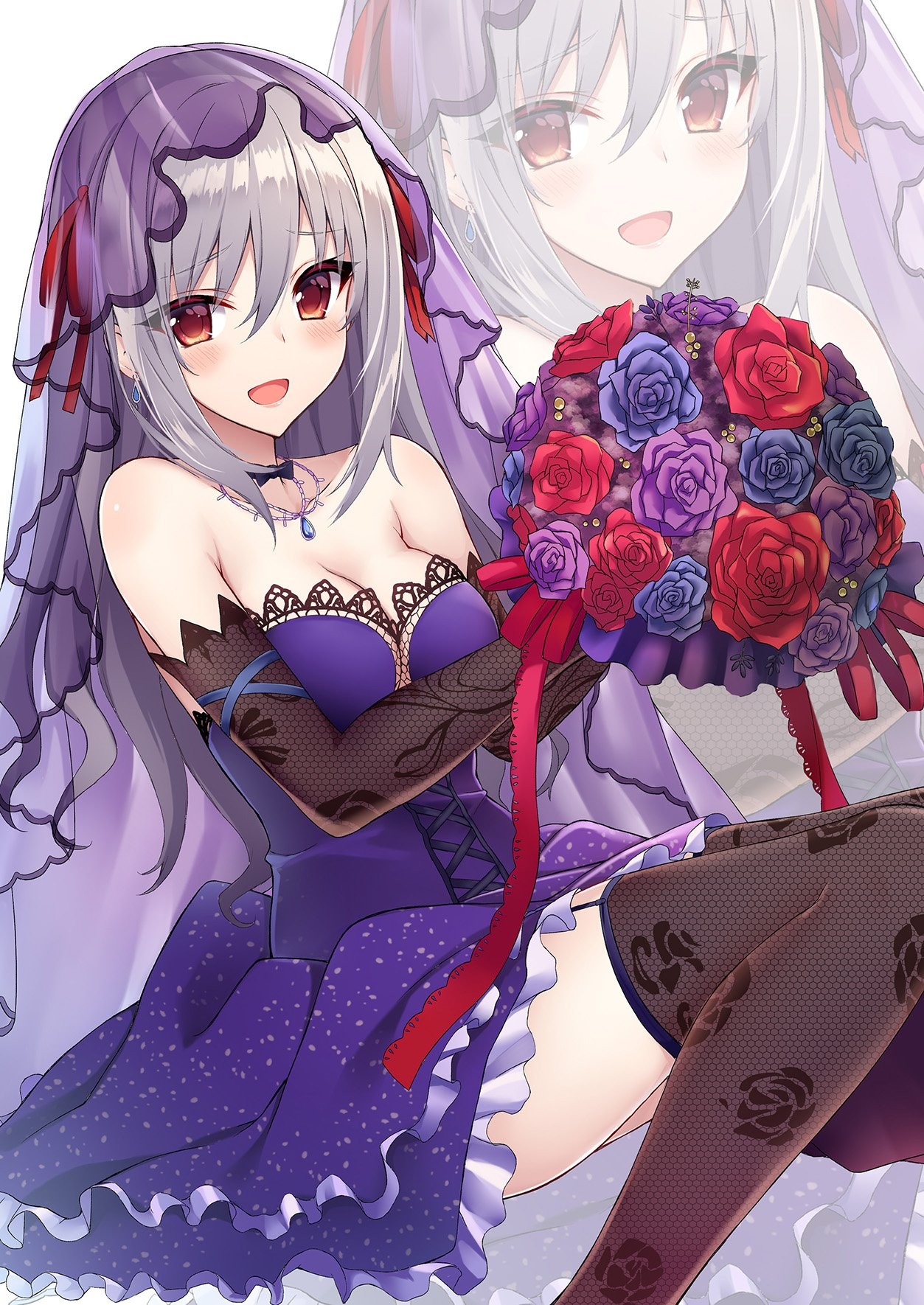 Anime 1253x1770 anime anime girls THE iDOLM@STER THE iDOLM@STER: Cinderella Girls Kanzaki Ranko cleavage dress stockings open shirt long hair gray hair red eyes flowers thigh-highs