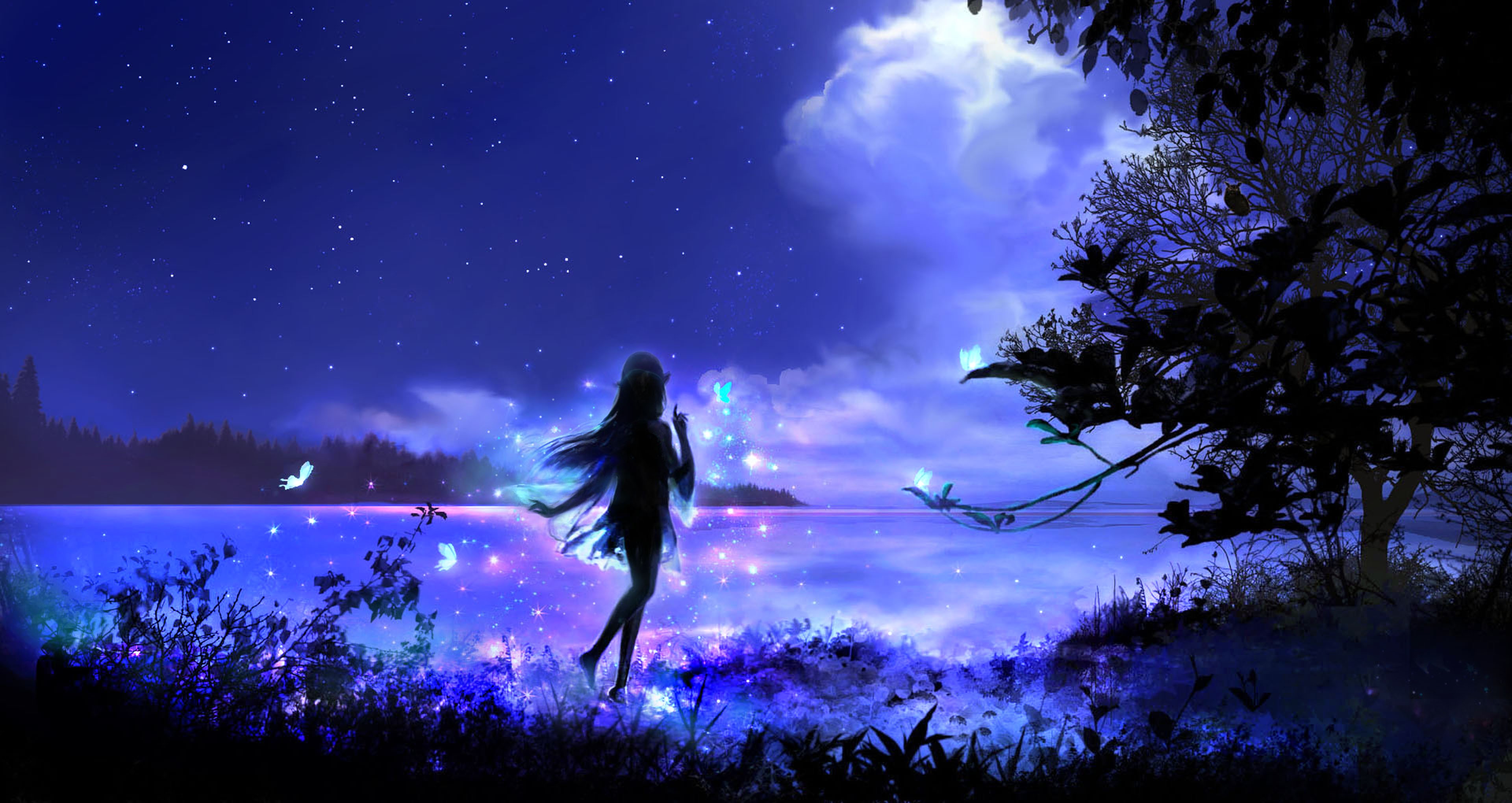 Anime 3840x2040 forest fairies lake stars night clouds