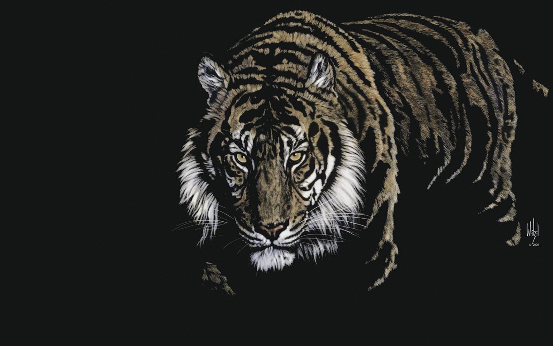 General 1920x1200 digital art tiger animals yellow eyes big cats black black background