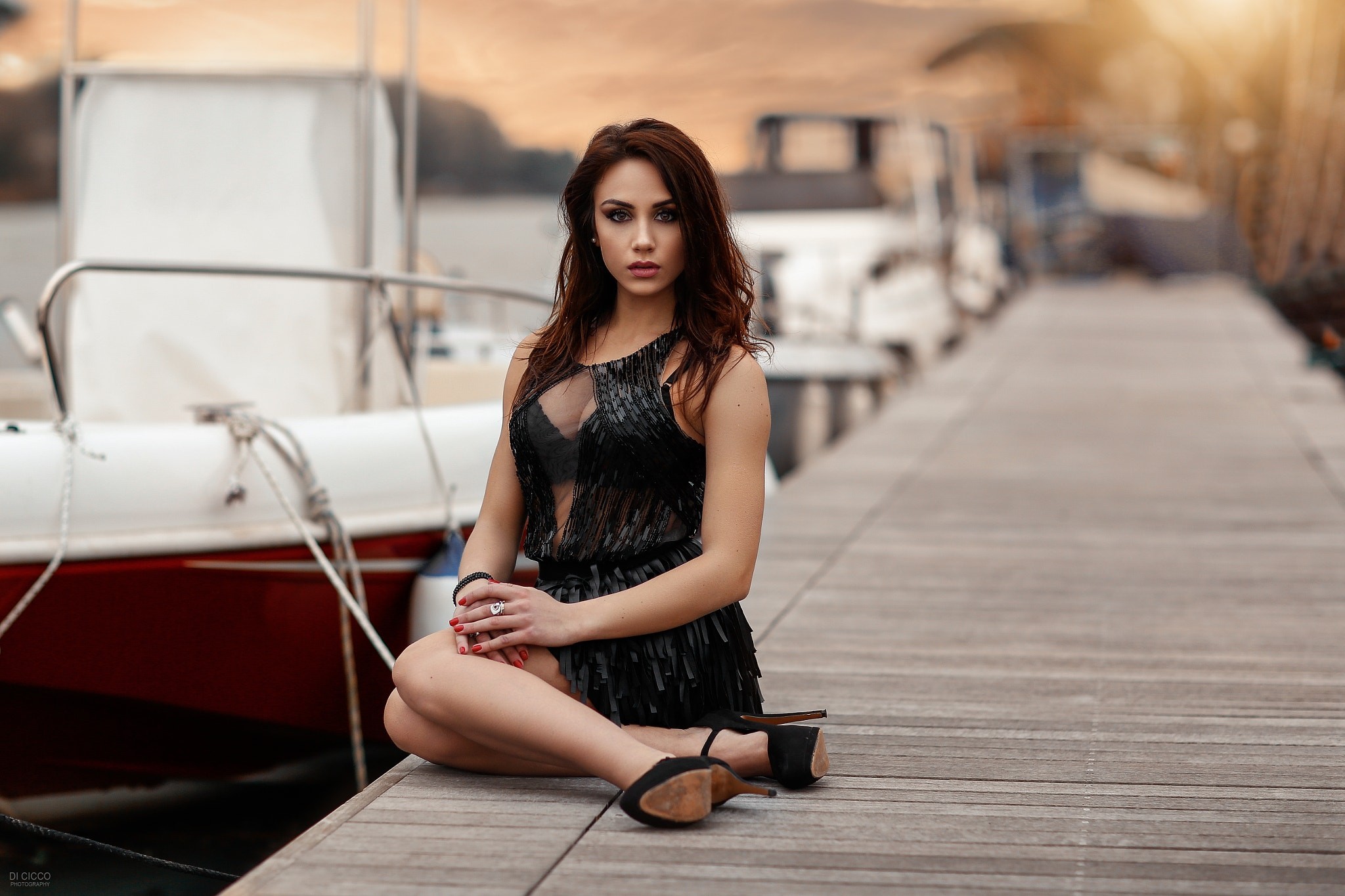 People 2048x1365 women brunette dress see-through clothing black bras high heels red nails dark eyes smoky eyes cleavage depth of field dock Alessandro Di Cicco women outdoors sitting looking at viewer