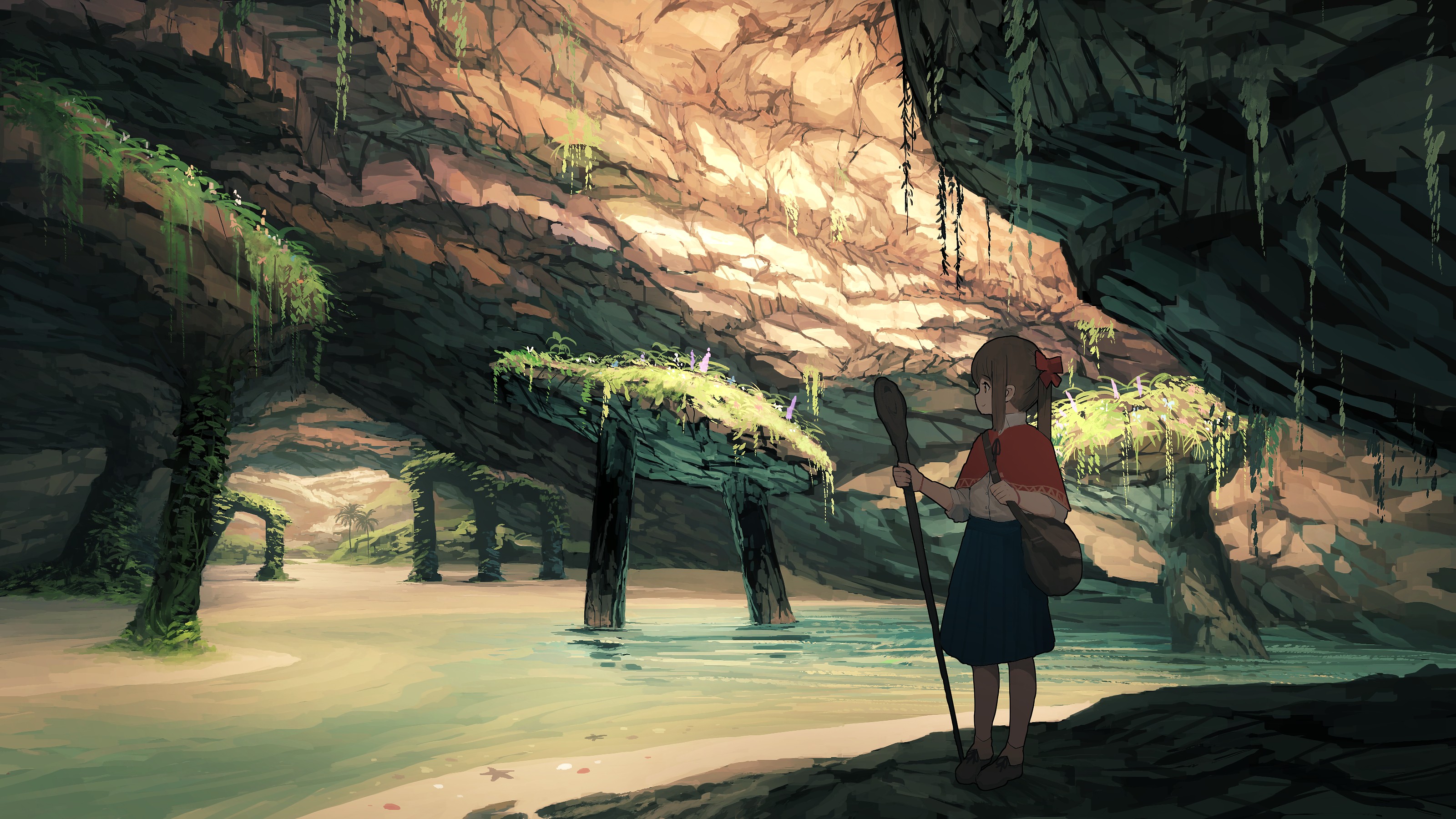 Anime 3200x1800 nature underground cave anime anime girls staff women outdoors standing water rocks