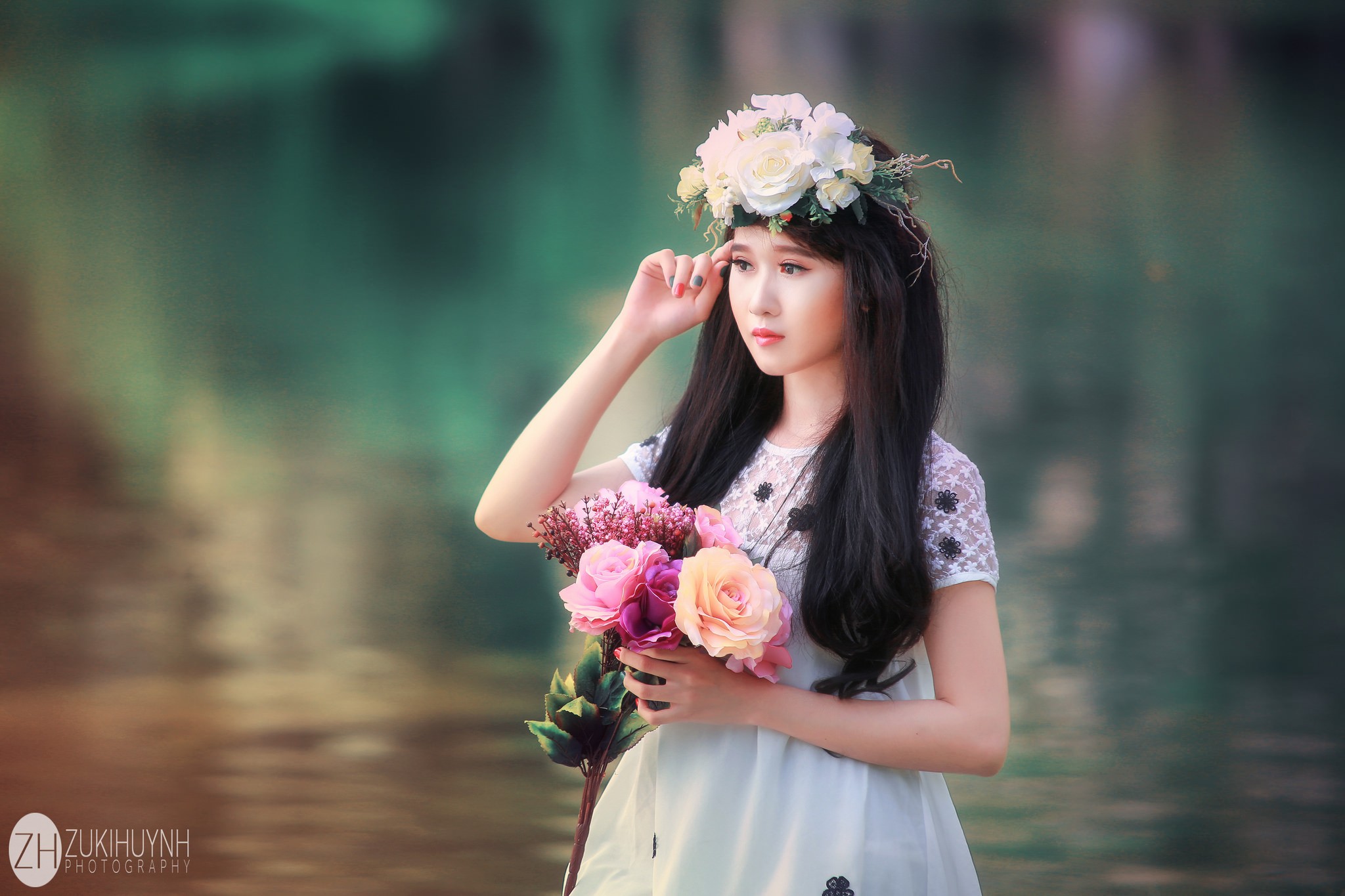 People 2048x1365 wreaths brunette bouquets flowers women Asian model women outdoors watermarked dark hair flower crown painted nails looking away dress white dress white clothing rose