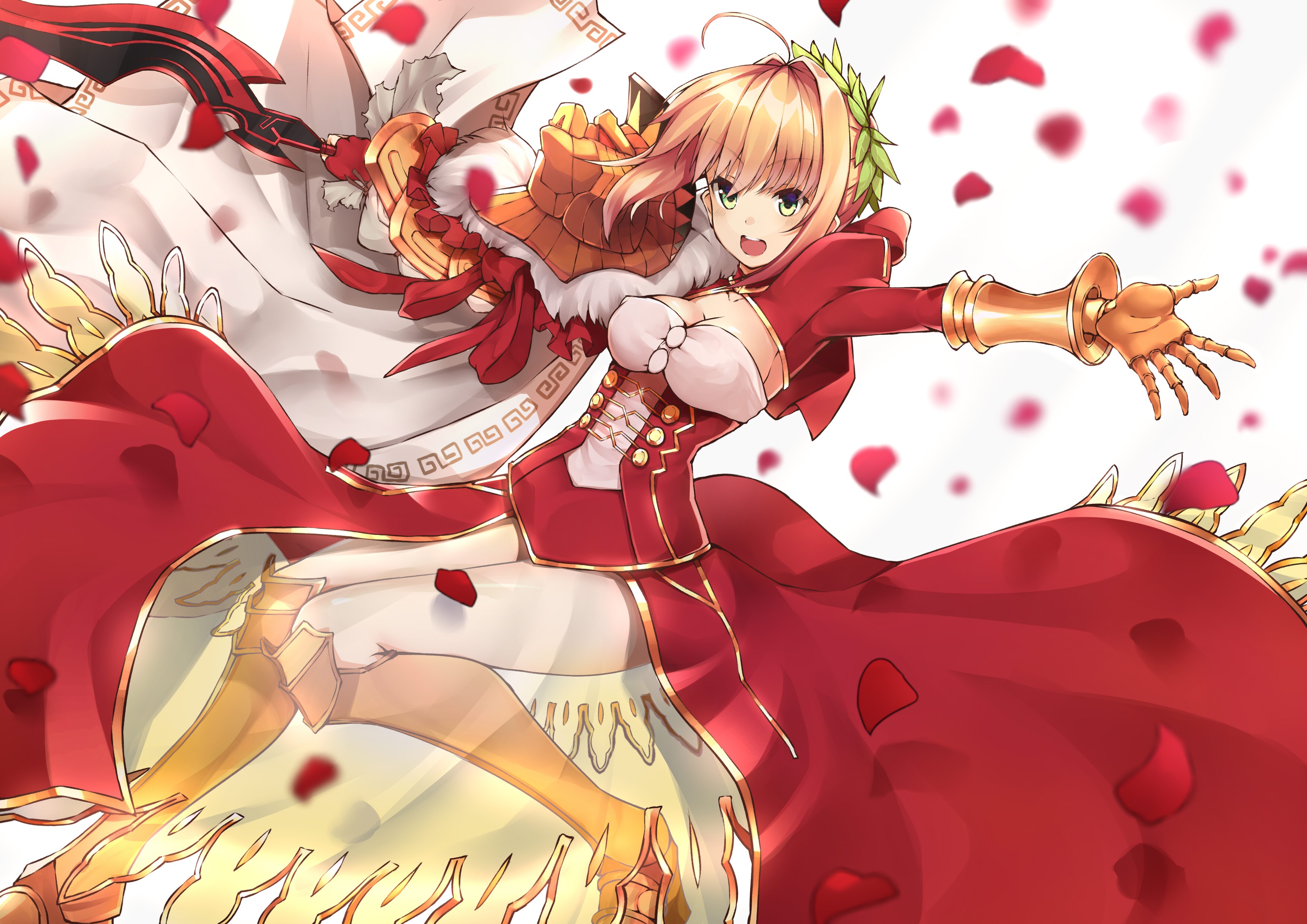 Anime 3507x2480 anime anime girls Fate/Extra armor cleavage dress heels sword blonde green eyes Fate series Nero Claudius Fate/Extra CCC Fate/Grand Order Pixiv open mouth fantasy art fantasy girl