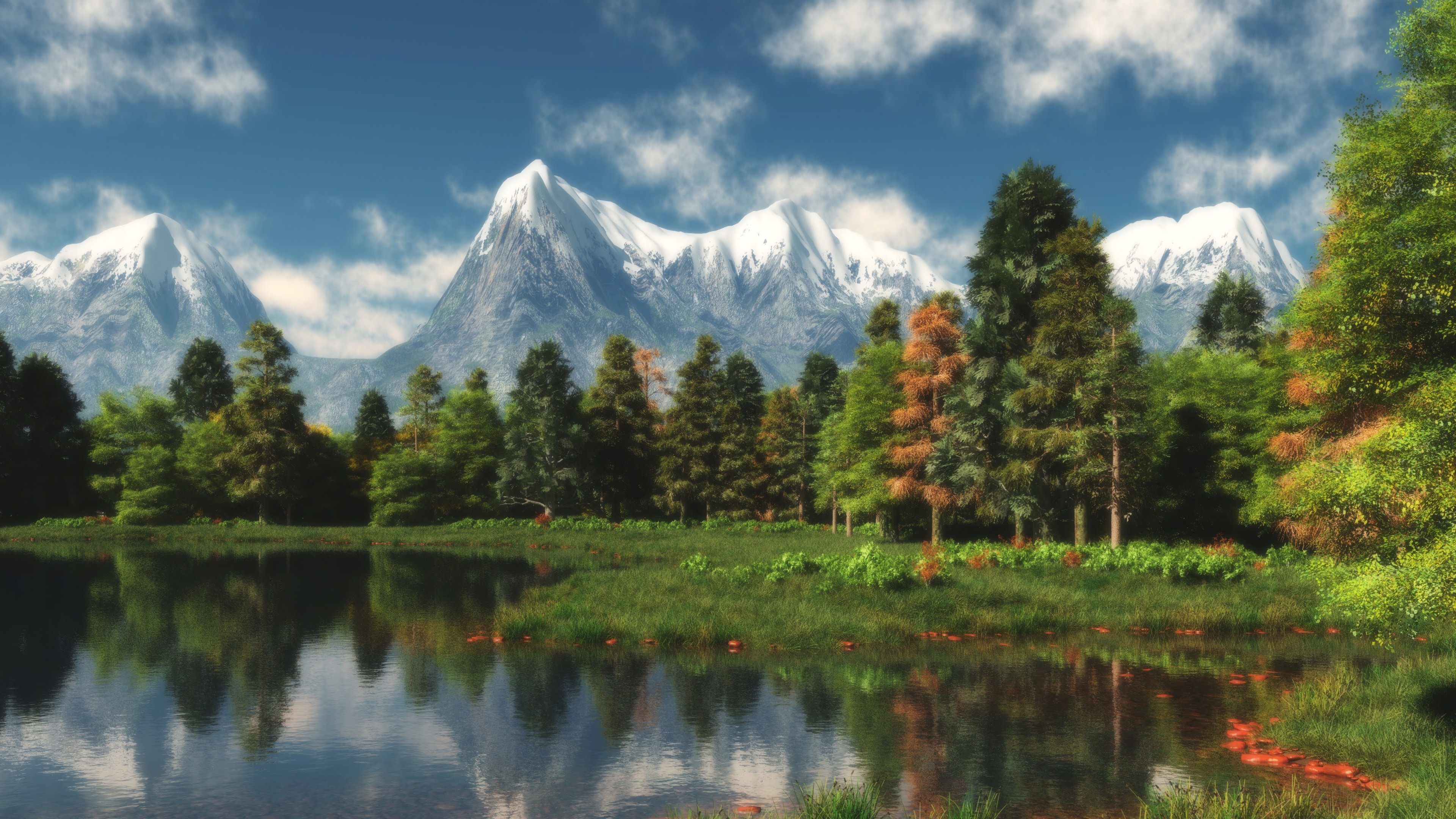 General 3840x2160 nature landscape trees forest mountains lake reflection clouds CGI